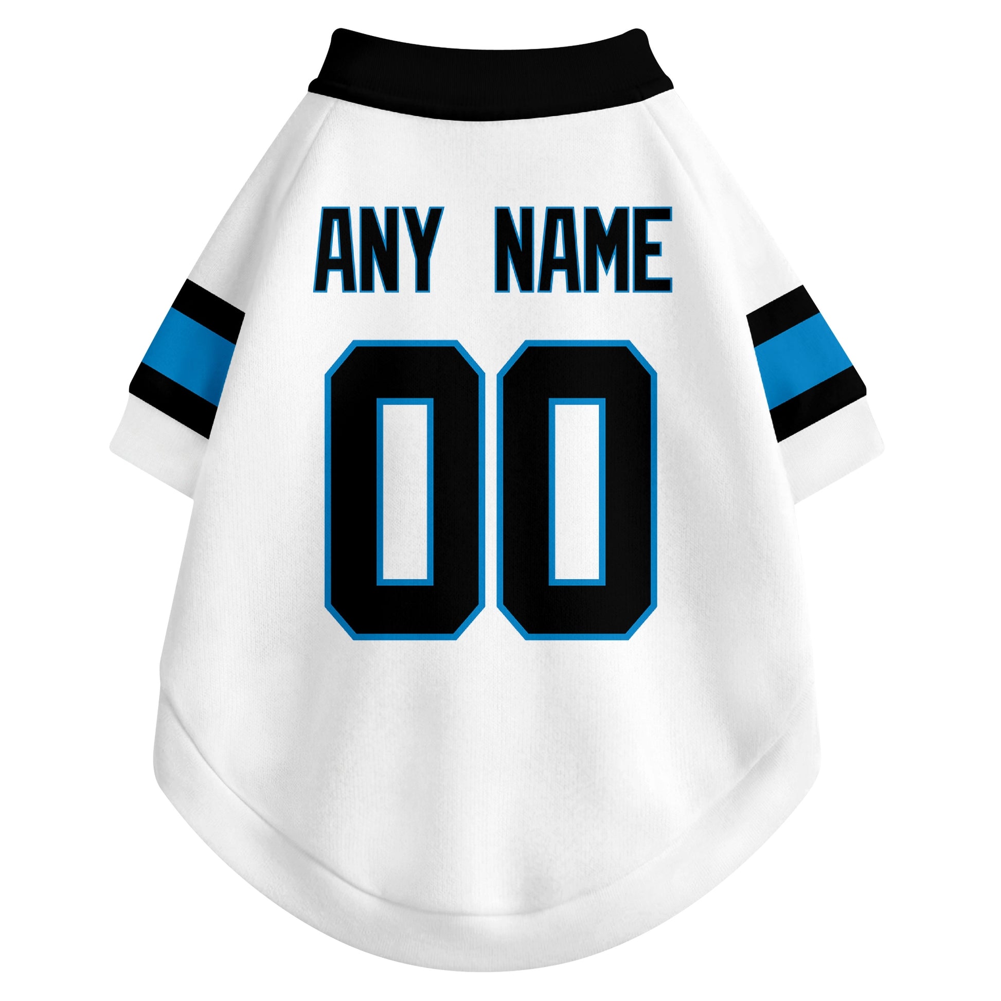 Back view of custom dog jersey in white showing name and number customization