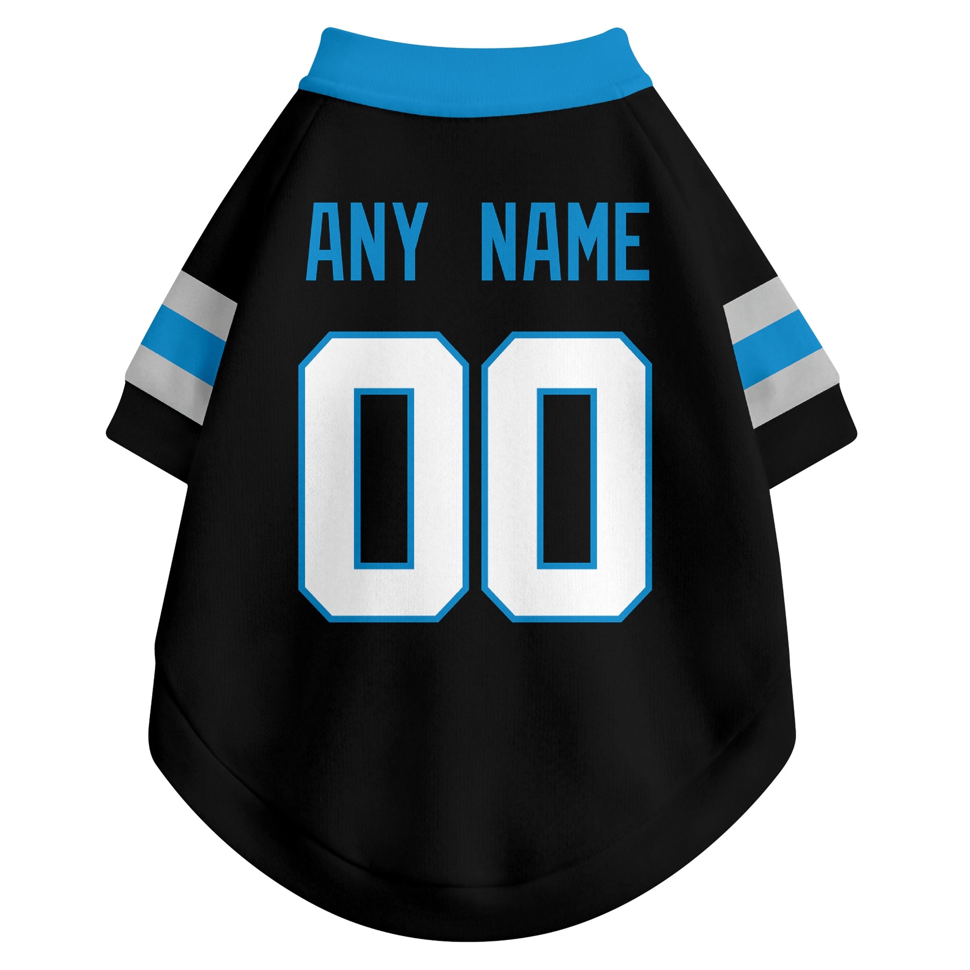 Back view of custom dog jersey in black showing name and number customization