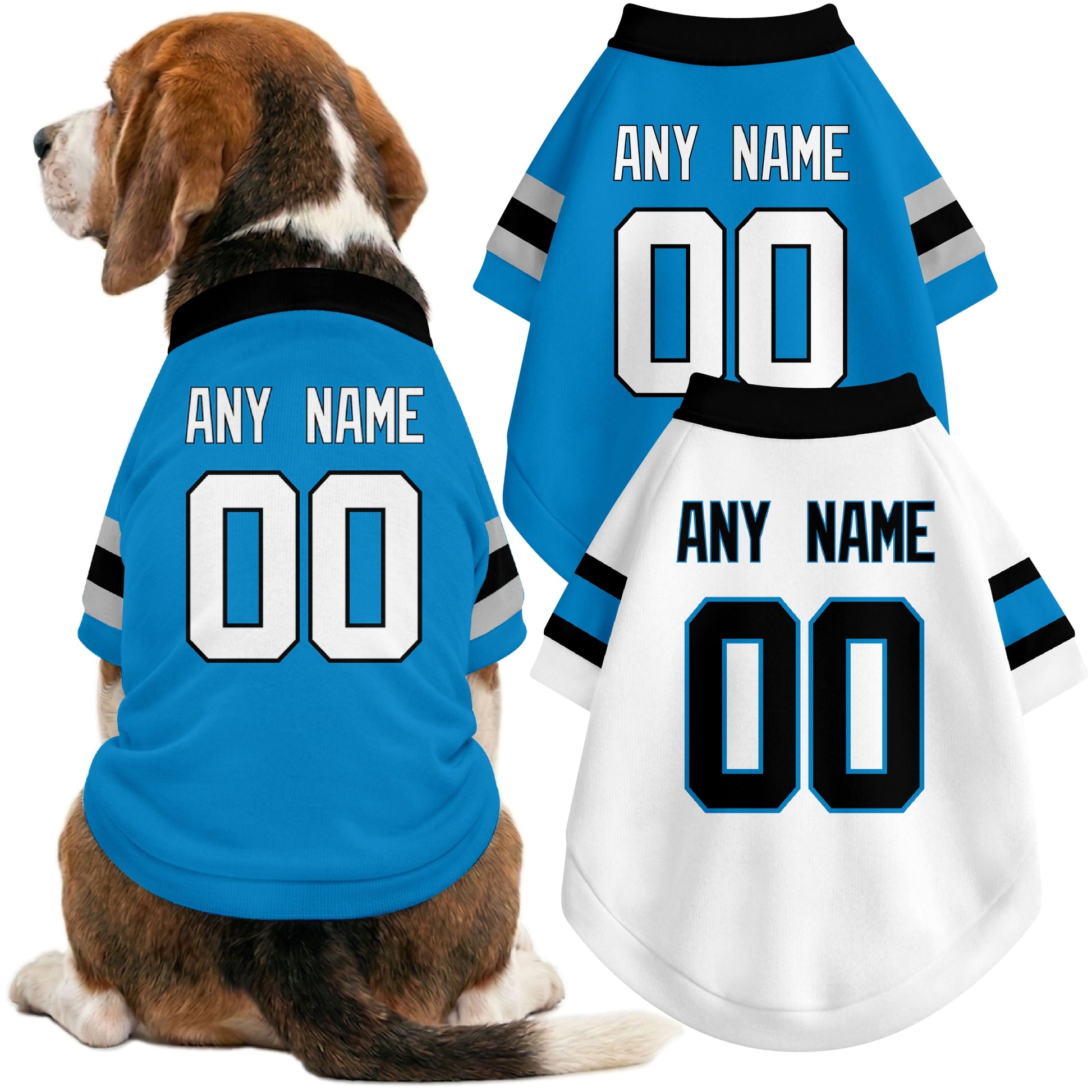 Dog wearing custom football-style dog jersey in blue white black with personalized name and number