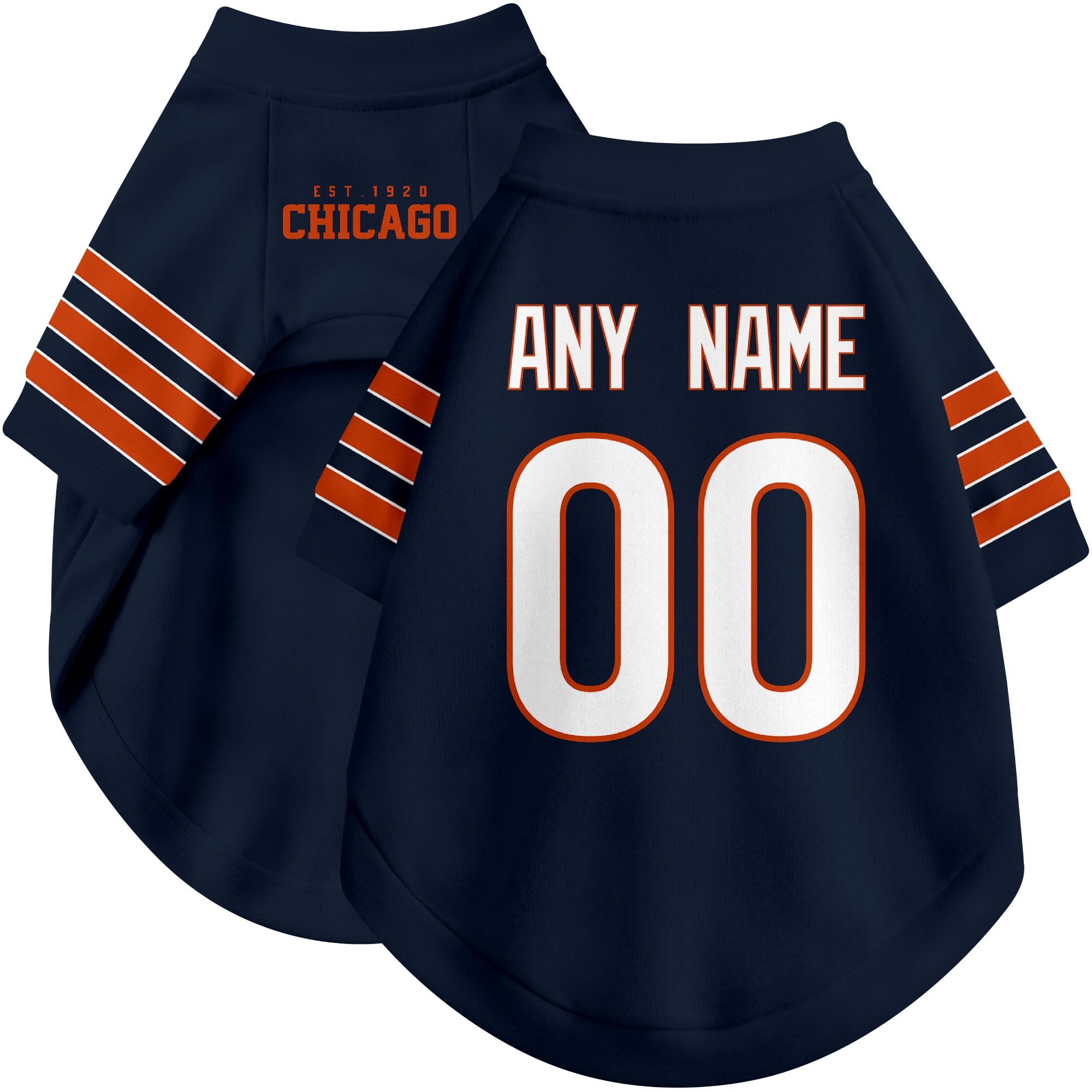 Custom football-style dog jersey in navy personalized with any name and number