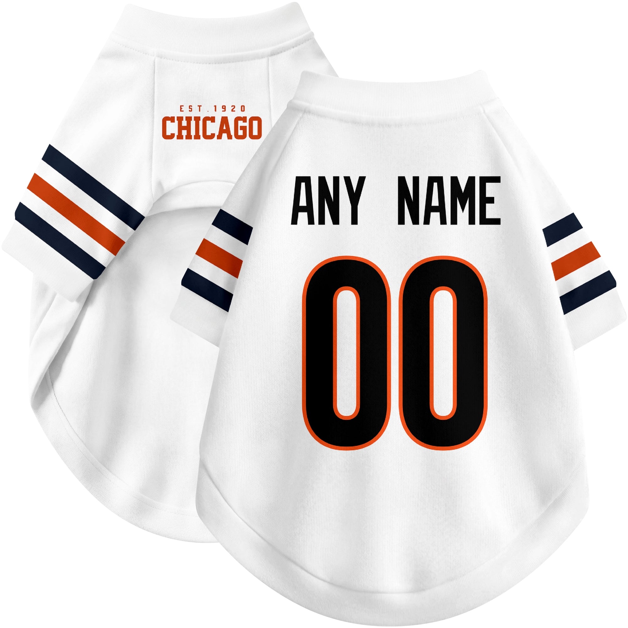 Custom football-style dog jersey in white personalized with any name and number