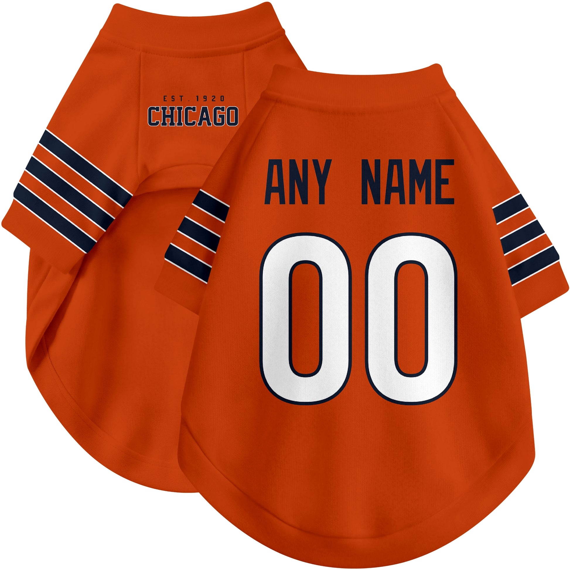 Custom football-style dog jersey in orange personalized with any name and number