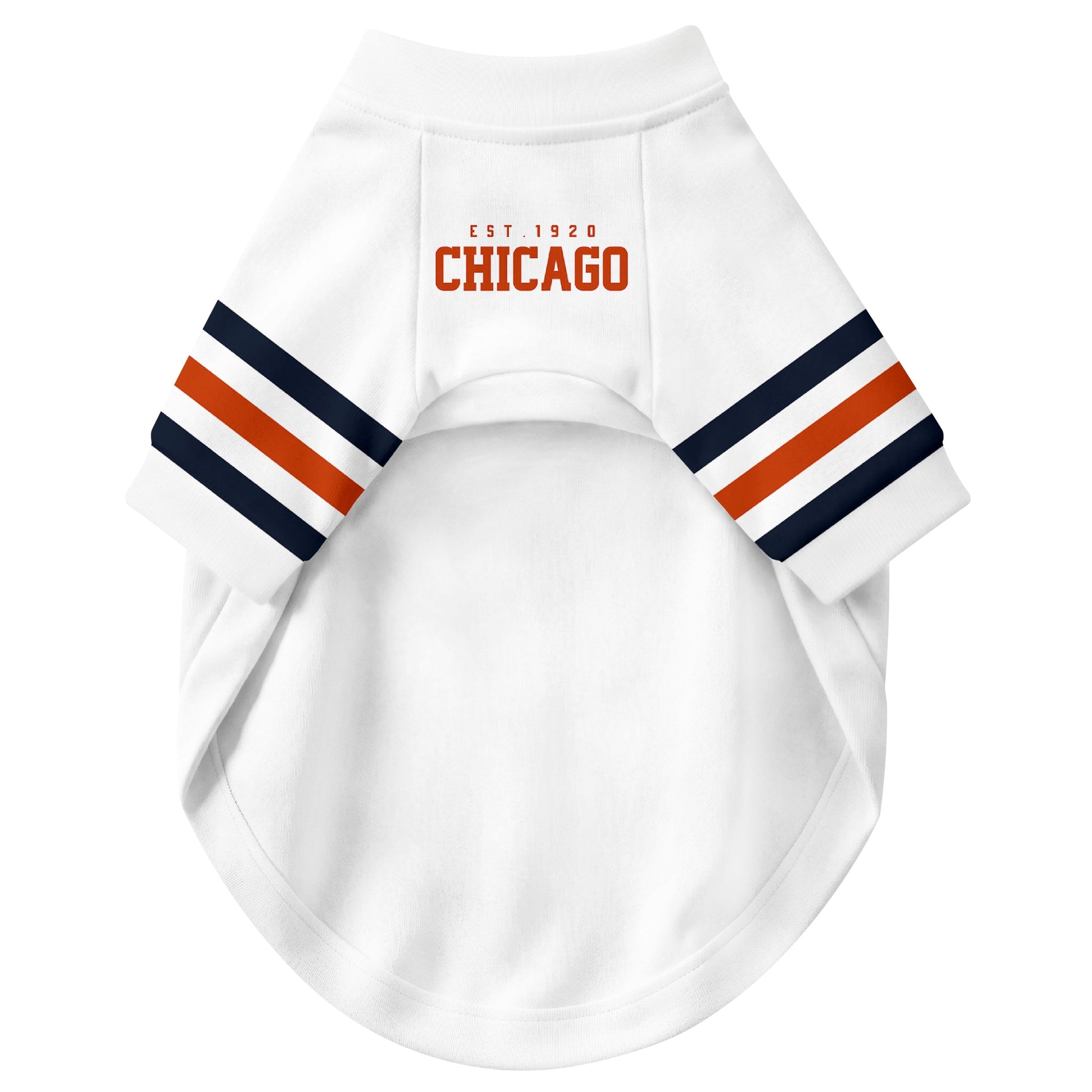 Front view of custom dog jersey in white personalized with name and number
