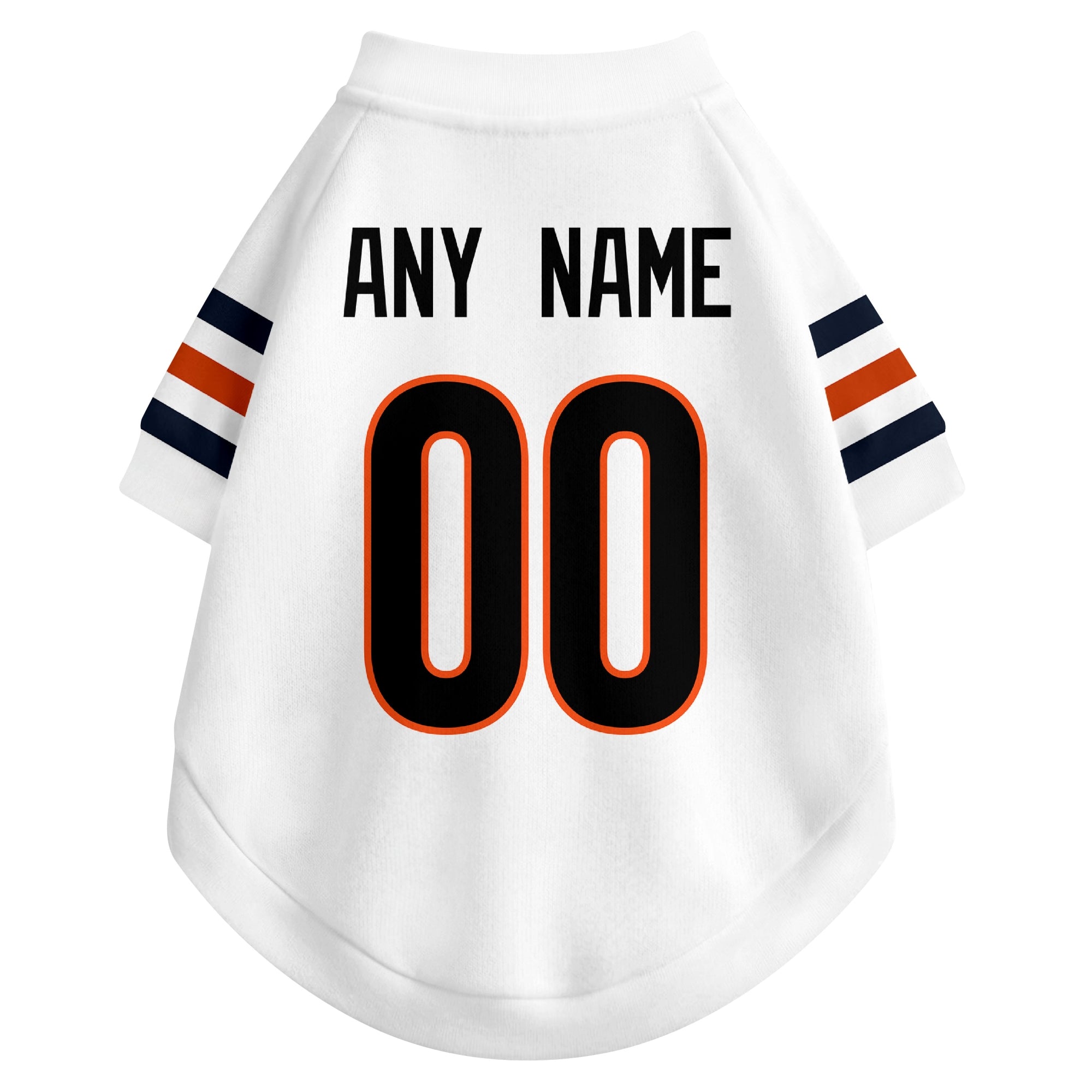 Back view of custom dog jersey in white showing name and number customization