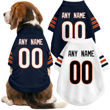 Dog wearing custom football-style dog jersey in navy white orange with personalized name and number