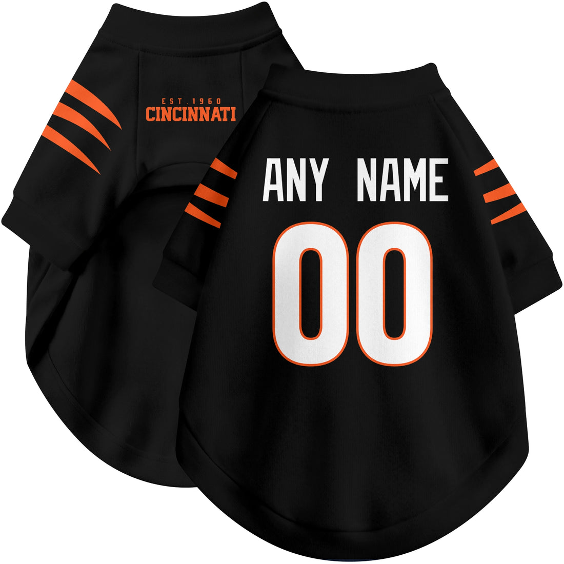 Dog wearing custom football-style dog jersey in black white orange with personalized name and number