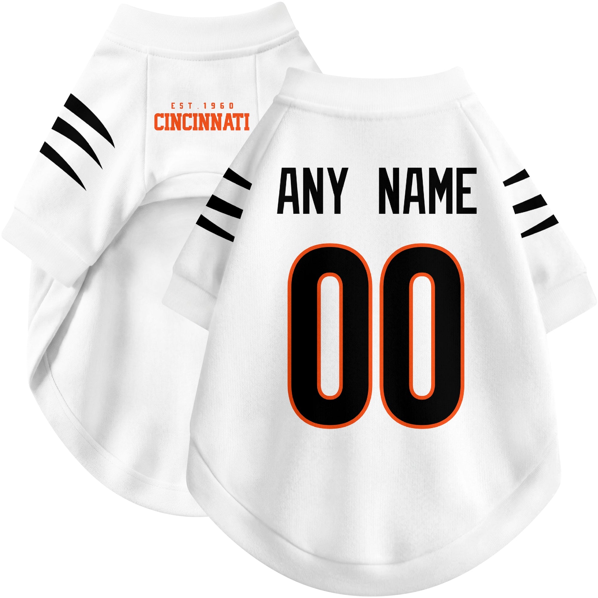 Custom football-style dog jersey in white personalized with any name and number