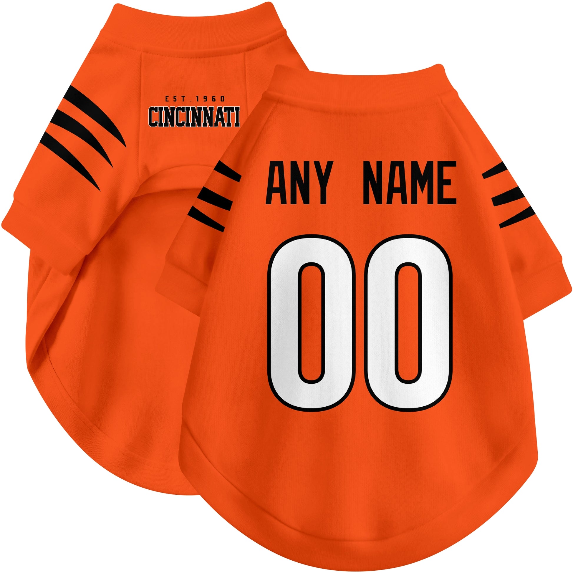 Custom football-style dog jersey in orange personalized with any name and number