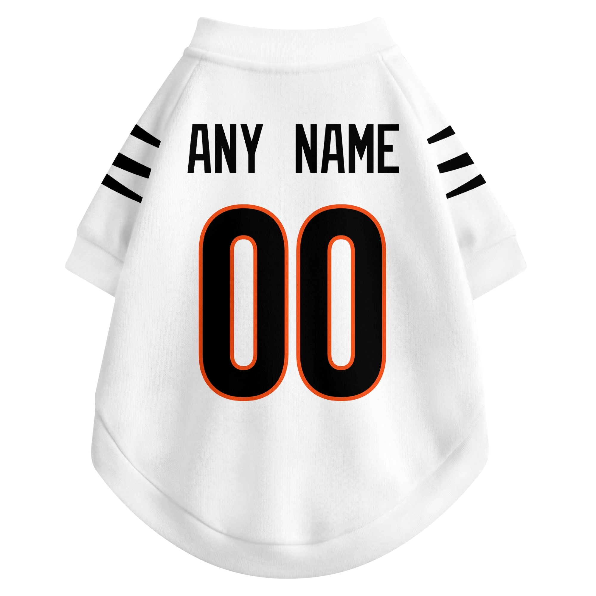 Back view of custom dog jersey in white showing name and number customization