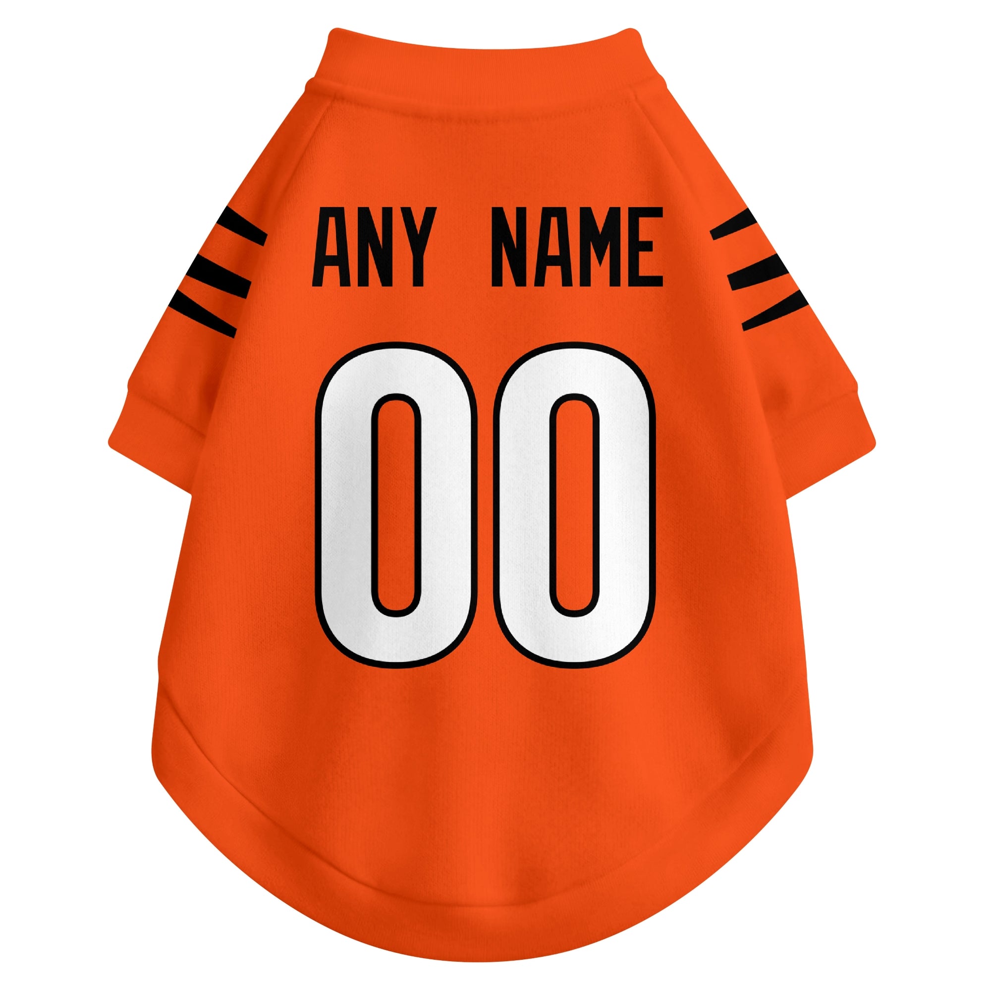 Back view of custom dog jersey in orange showing name and number customization