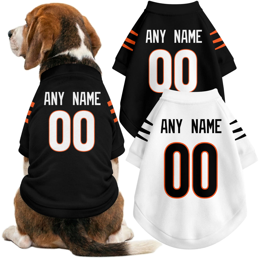 Dog wearing custom football-style dog jersey in black white orange with personalized name and number
