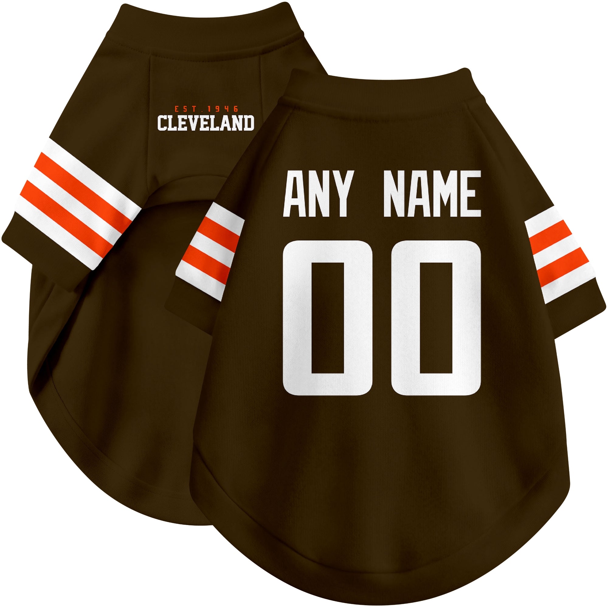 Custom football-style dog jersey in brown personalized with any name and number