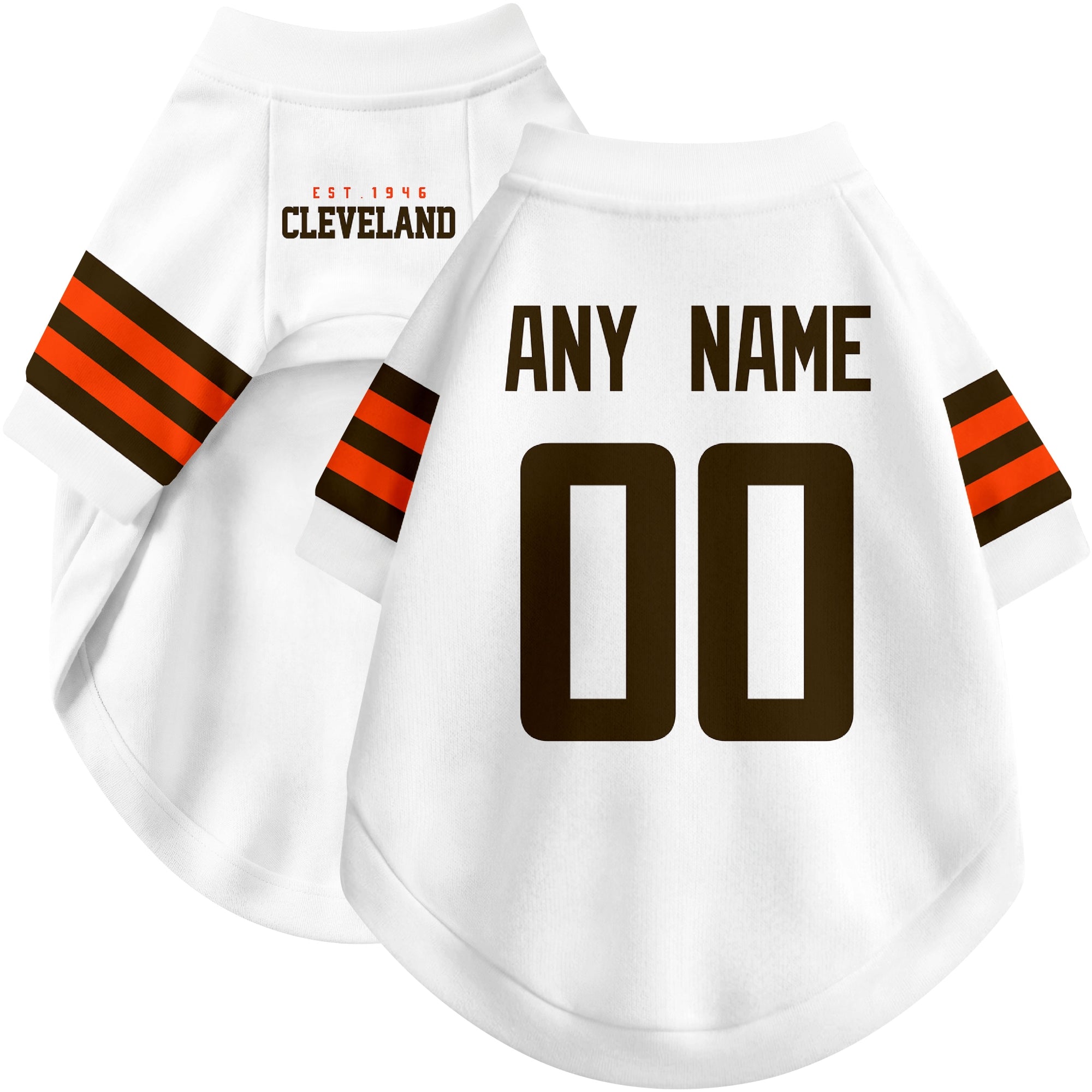 Custom football-style dog jersey in white personalized with any name and number