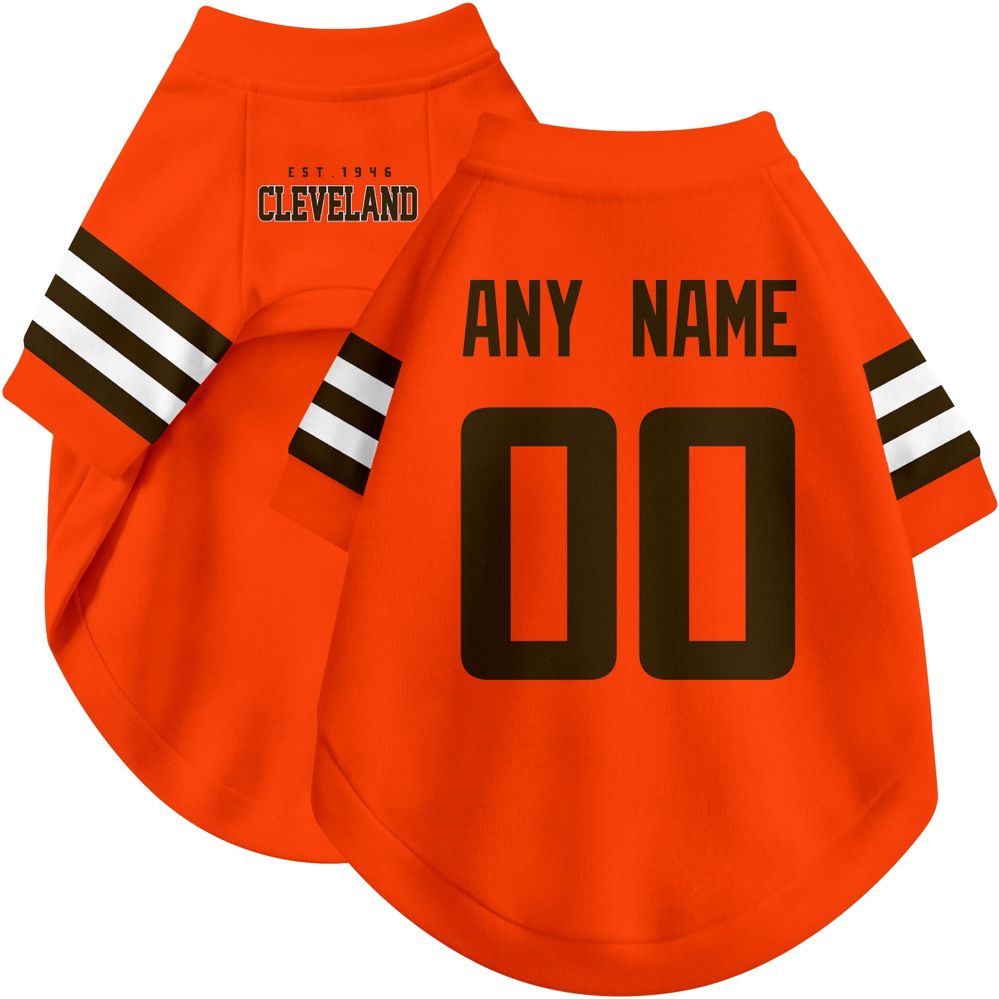 Custom football-style dog jersey in orange personalized with any name and number