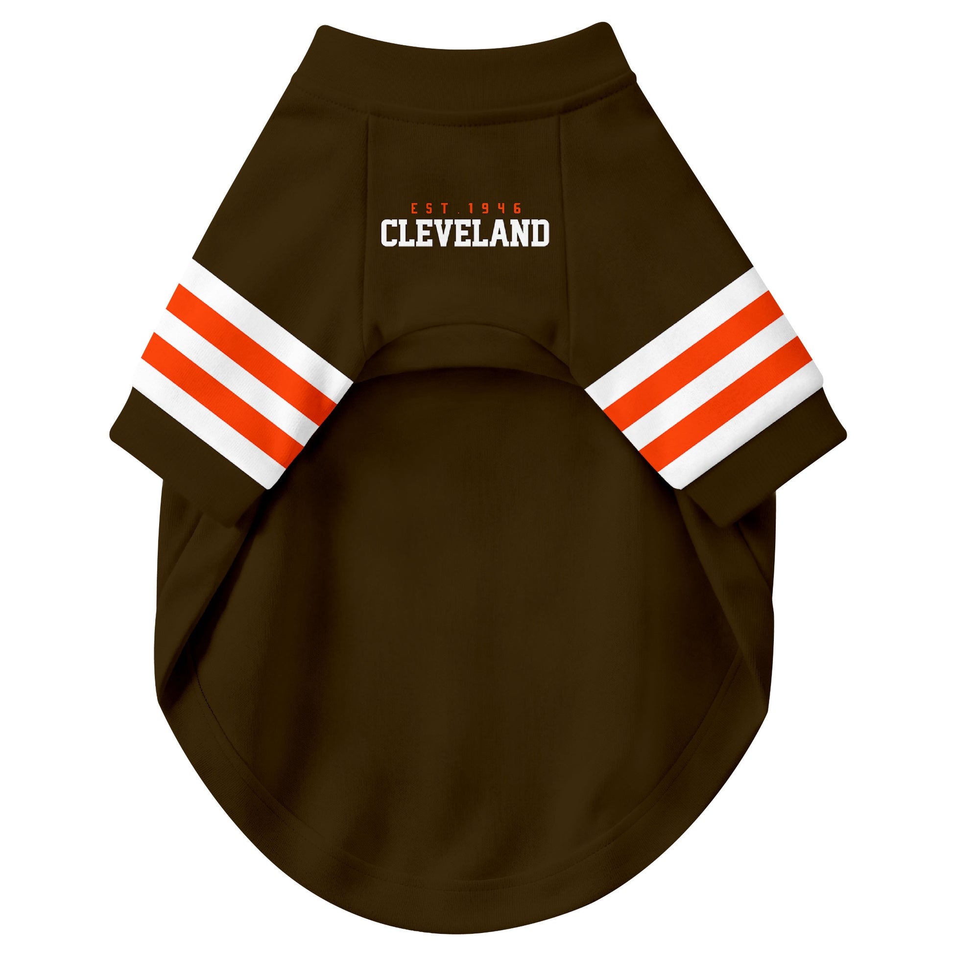 Front view of custom dog jersey in brown personalized with name and number