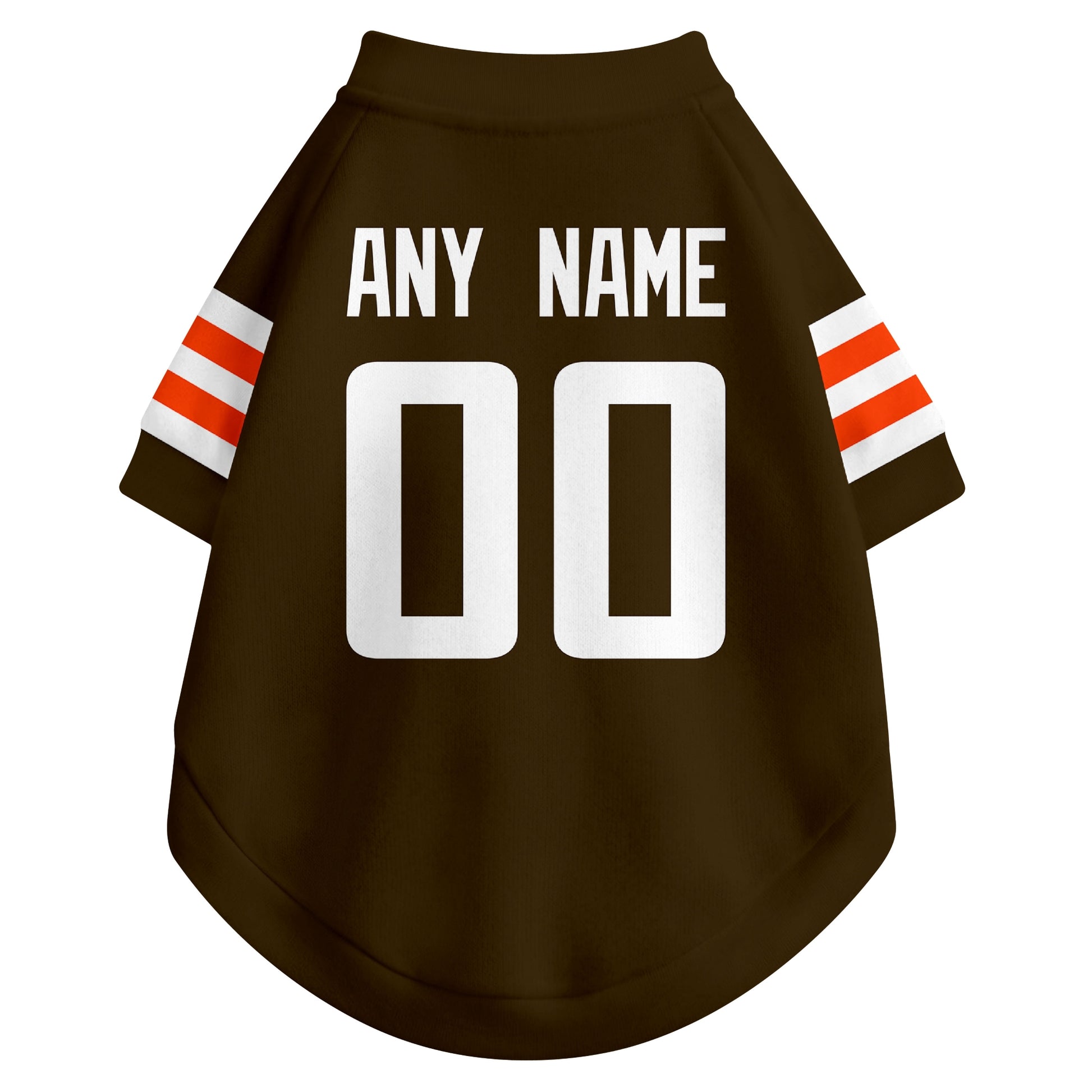 Back view of custom dog jersey in brown showing name and number customization