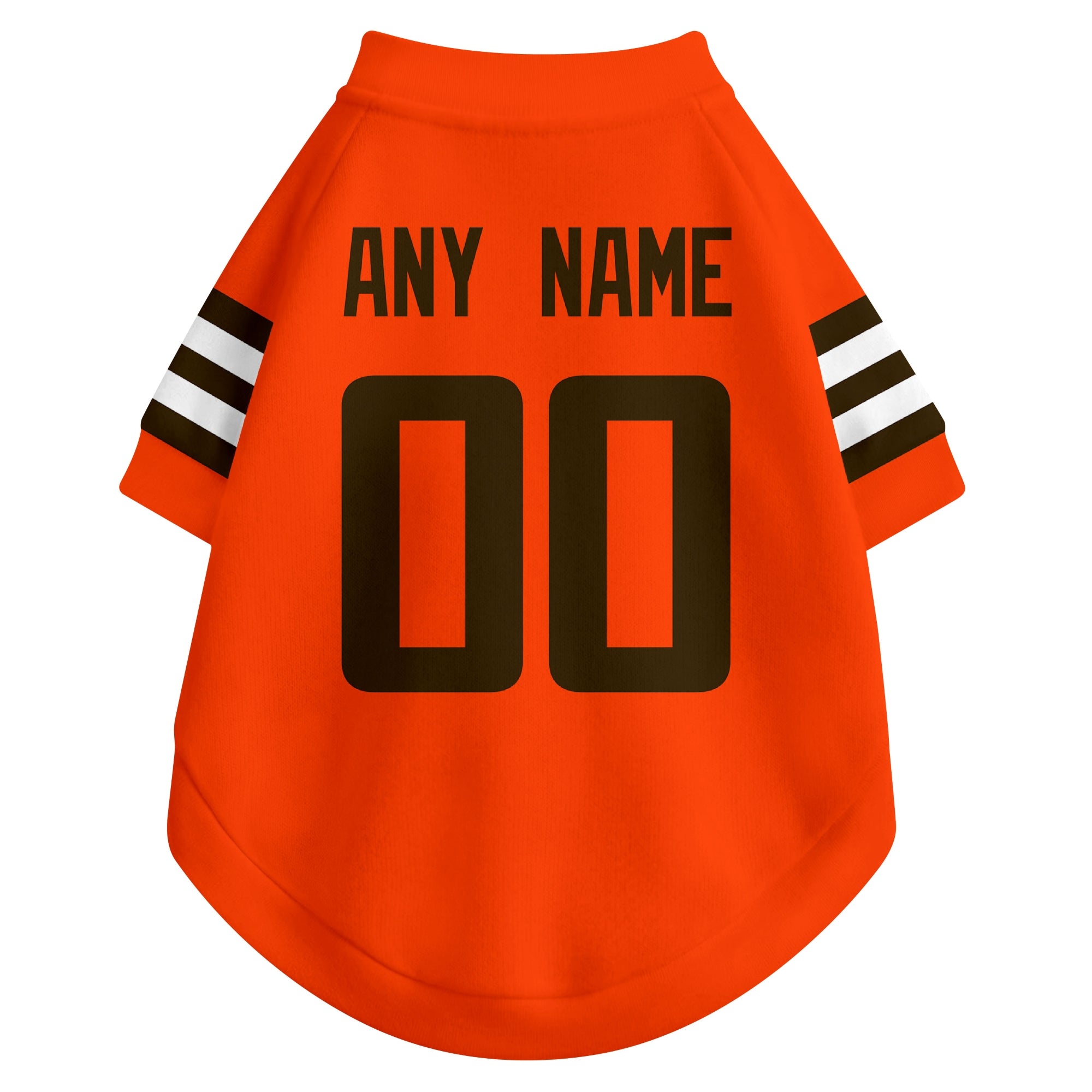Back view of custom dog jersey in orange showing name and number customization