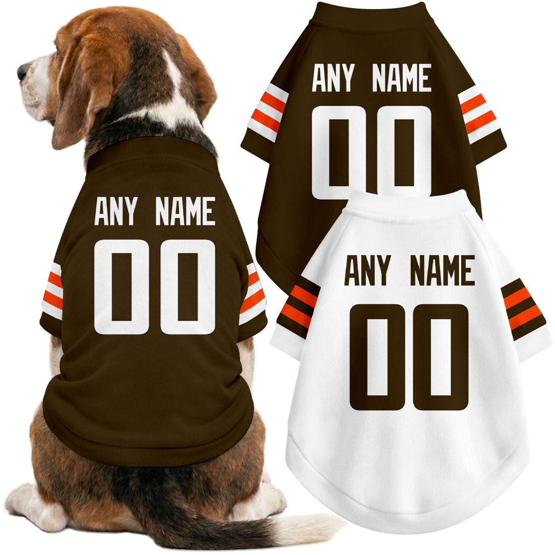 Dog wearing custom football-style dog jersey in brown white orange with personalized name and number