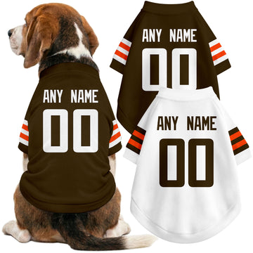 Dog wearing custom football-style dog jersey in brown white orange with personalized name and number