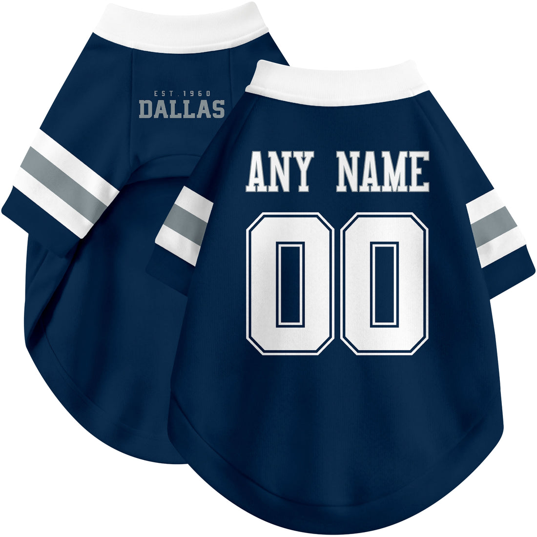 Dog wearing custom football-style dog jersey in navy white black with personalized name and number