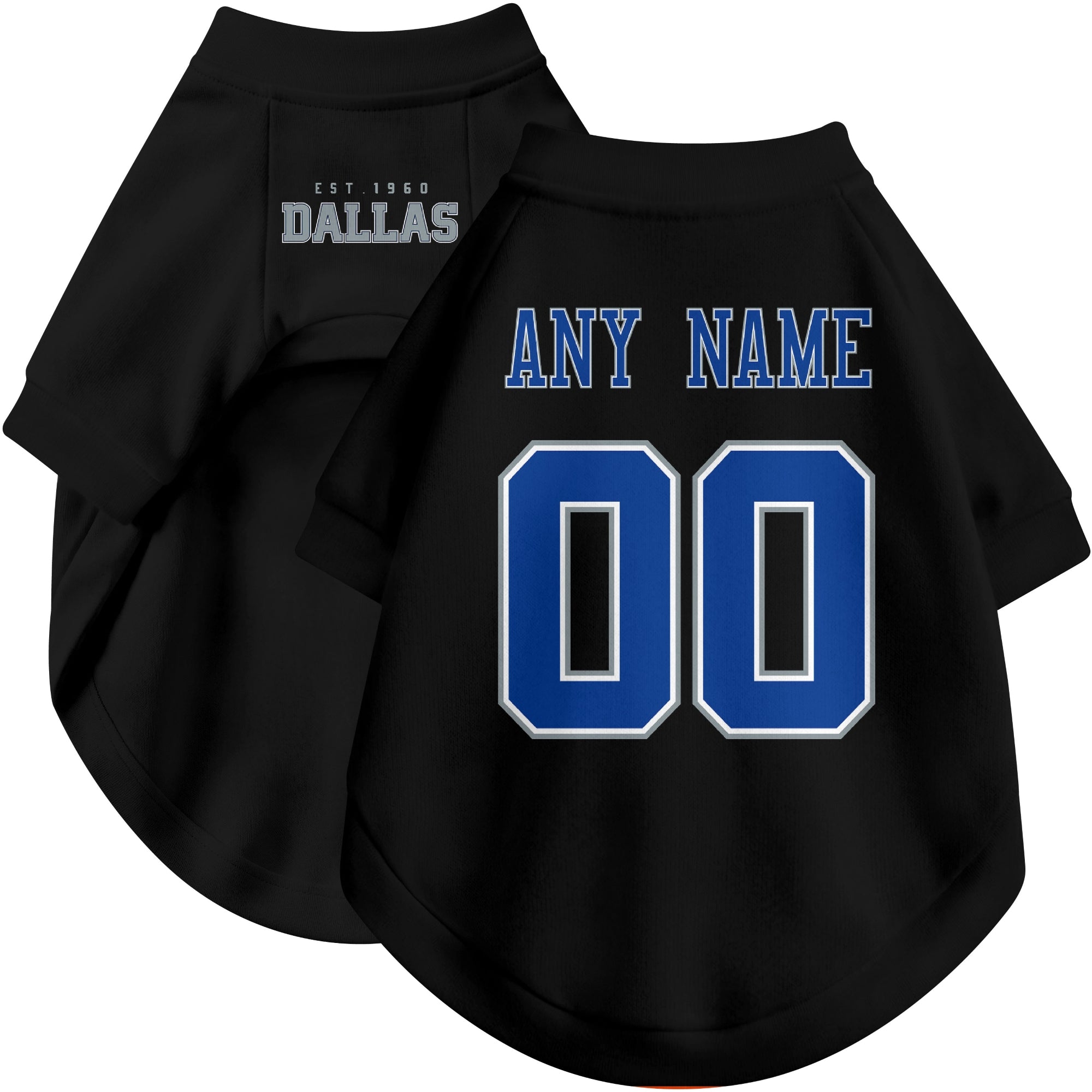 Custom football-style dog jersey in black personalized with any name and number