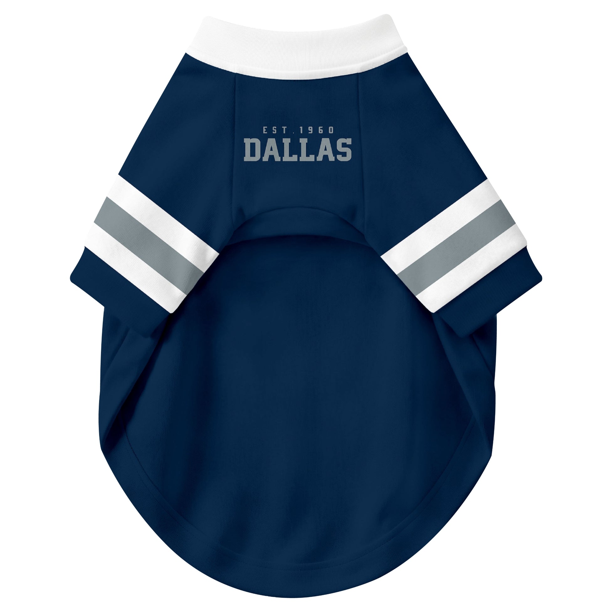 Front view of custom dog jersey in navy personalized with name and number