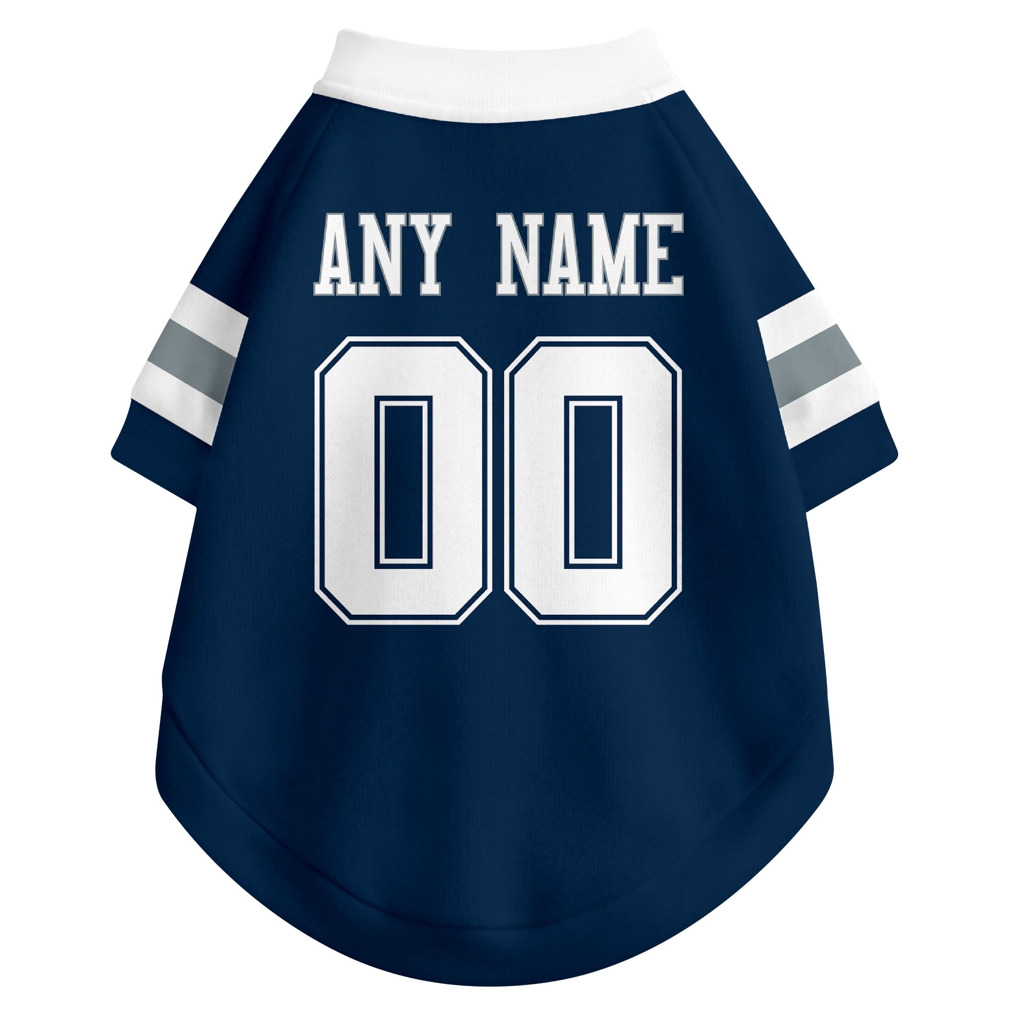 Back view of custom dog jersey in navy showing name and number customization