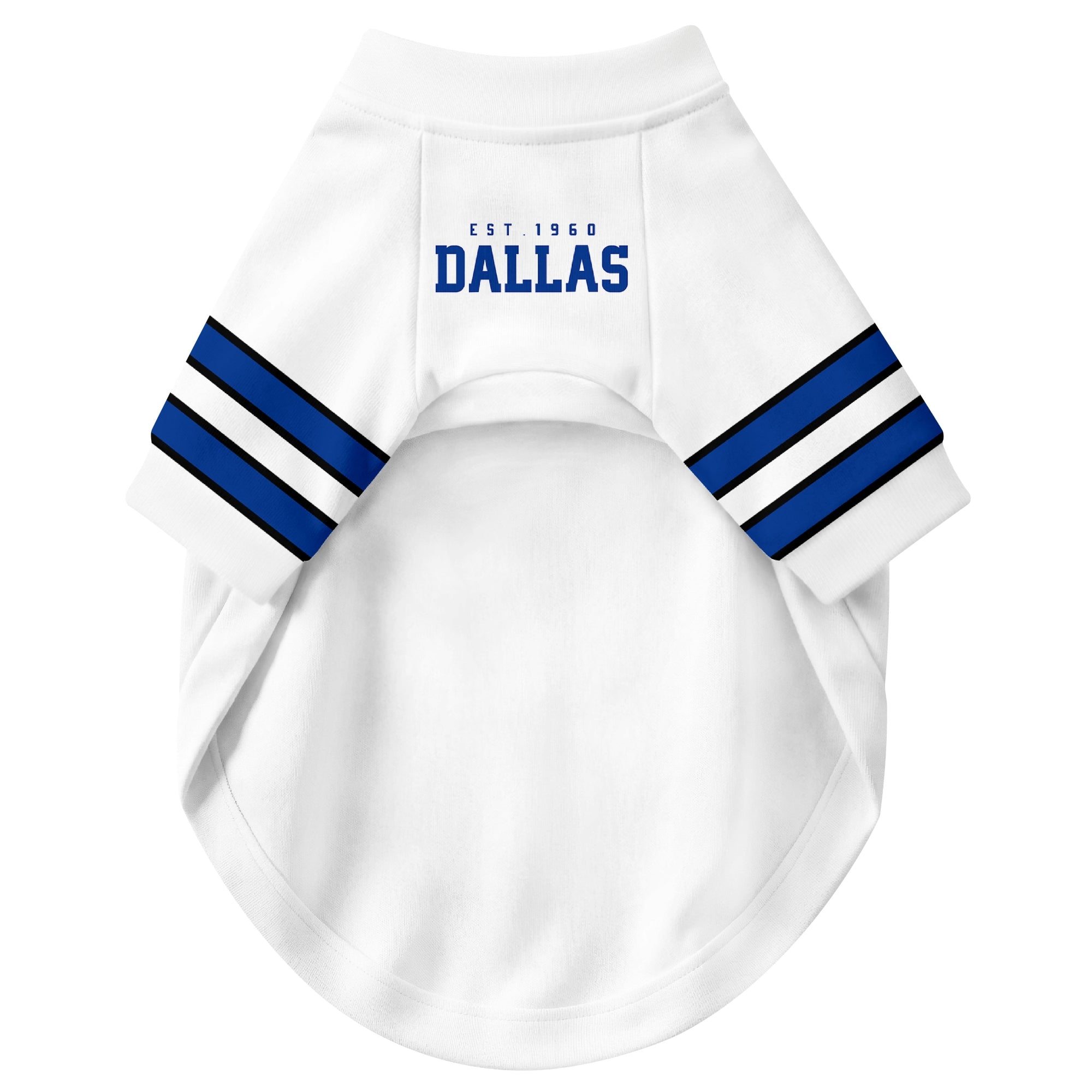 Front view of custom dog jersey in white personalized with name and number