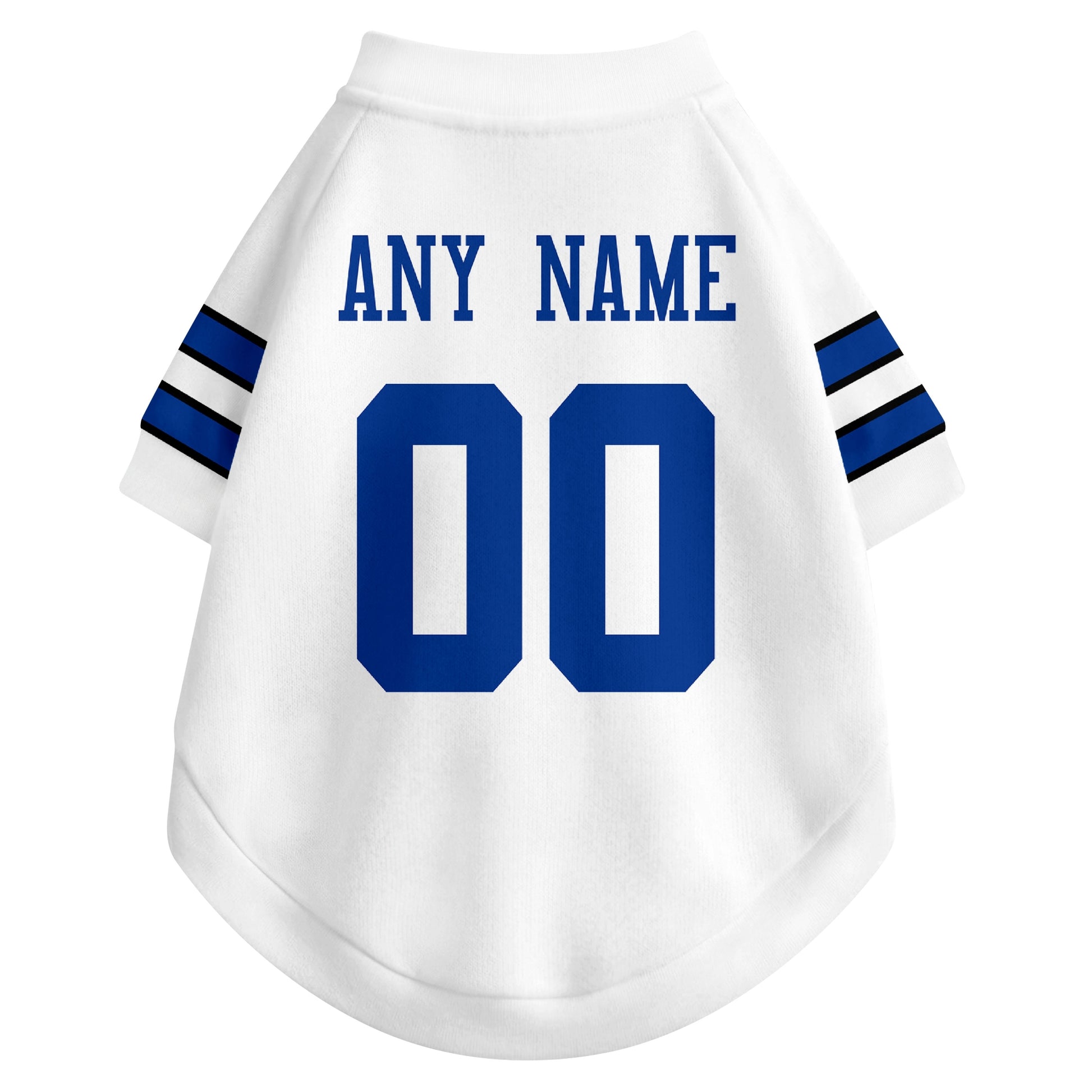 Back view of custom dog jersey in white showing name and number customization