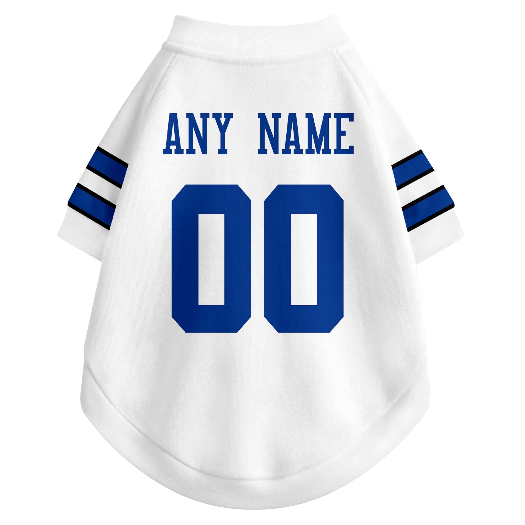 Back view of custom dog jersey in white showing name and number customization