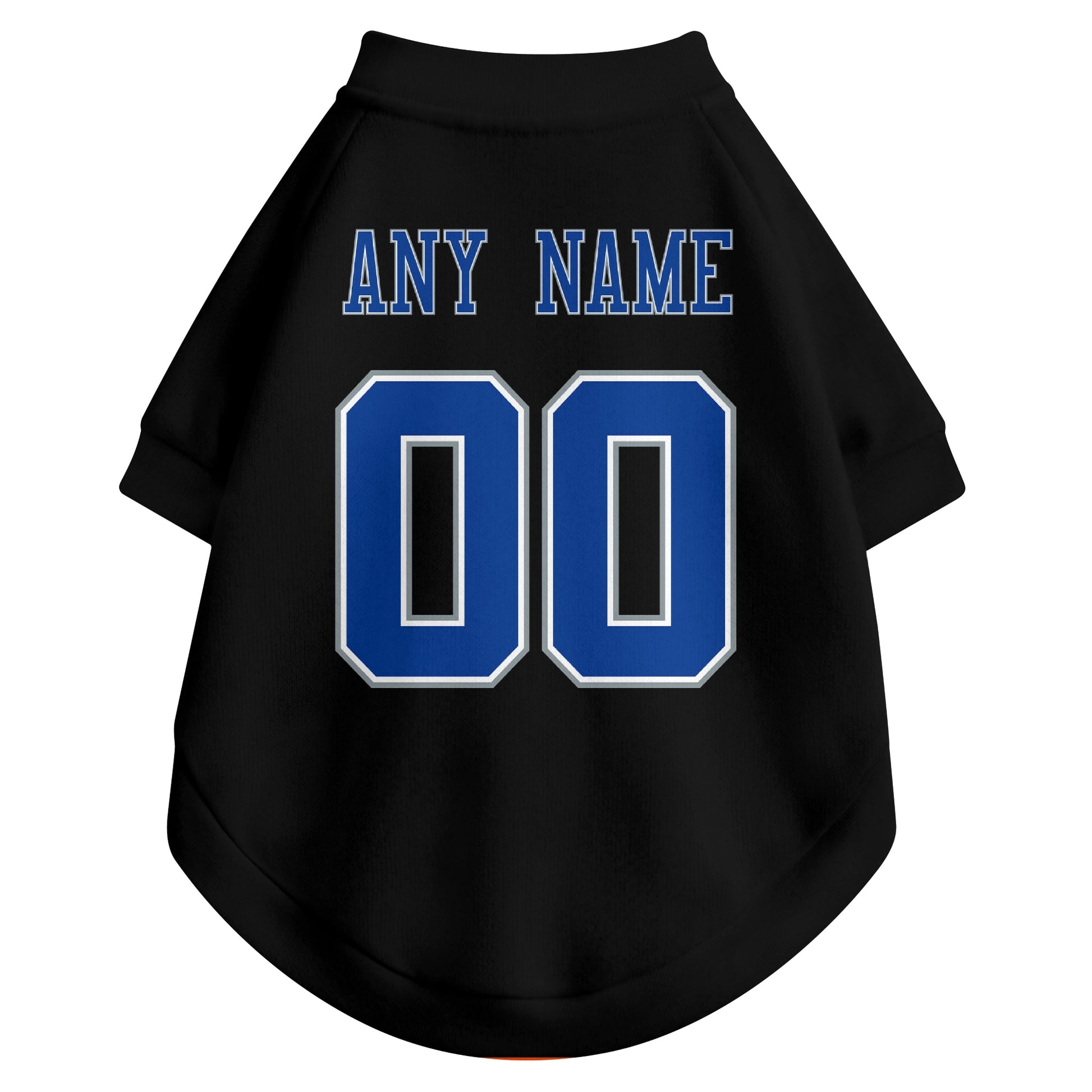 Back view of custom dog jersey in black showing name and number customization