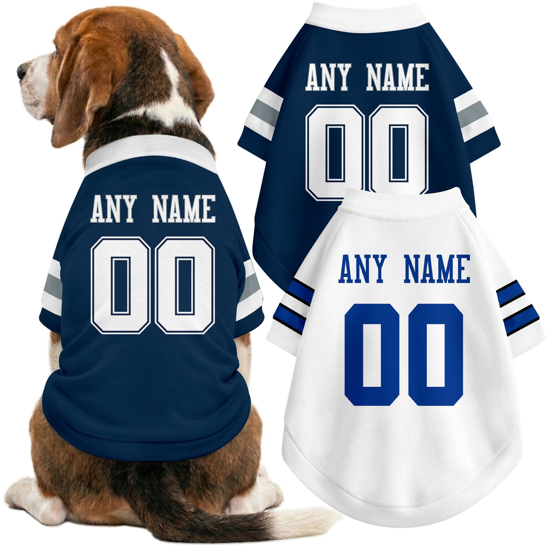Dog wearing custom football-style dog jersey in navy white black with personalized name and number