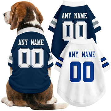 Dog wearing custom football-style dog jersey in navy white black with personalized name and number