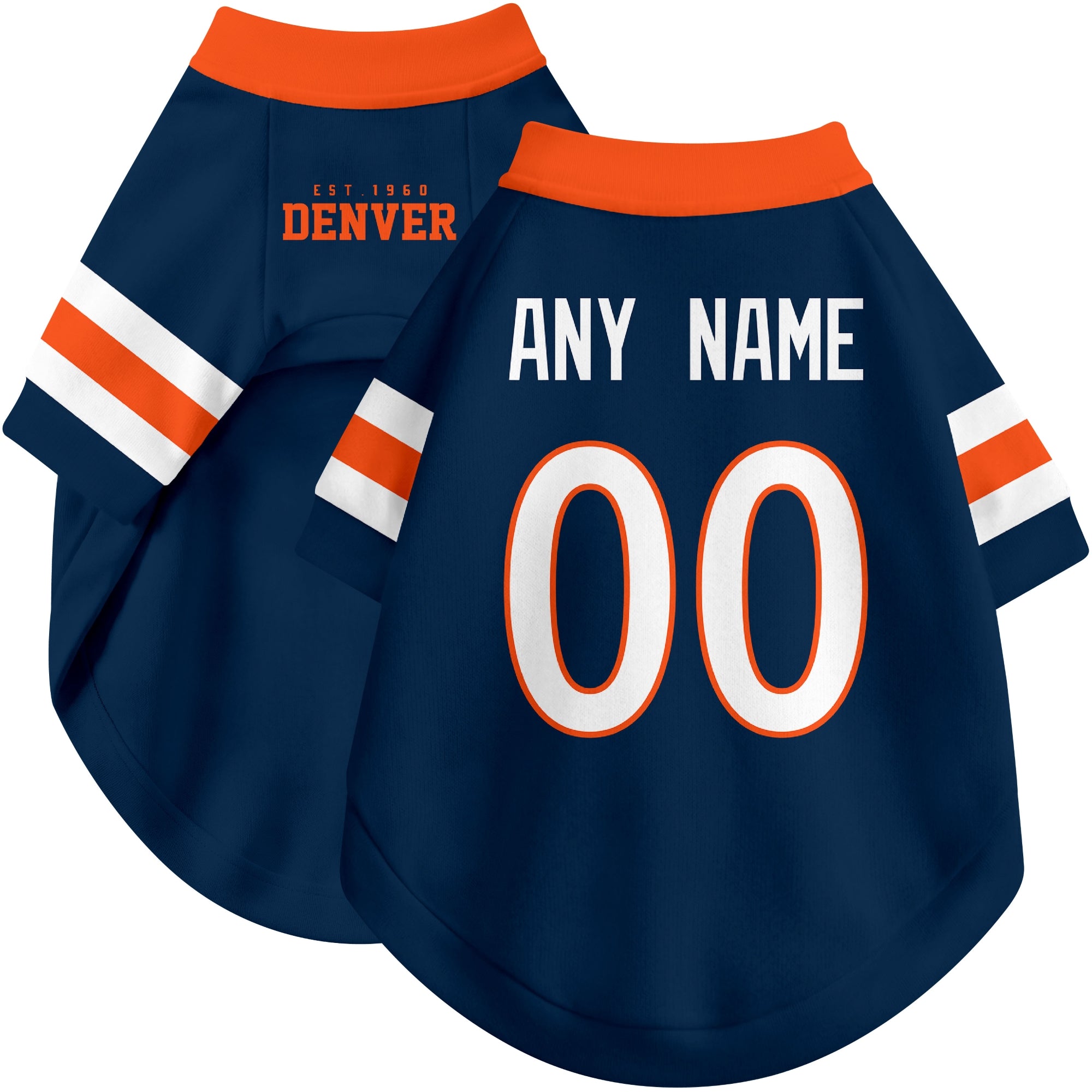 Custom football-style dog jersey in navy personalized with any name and number