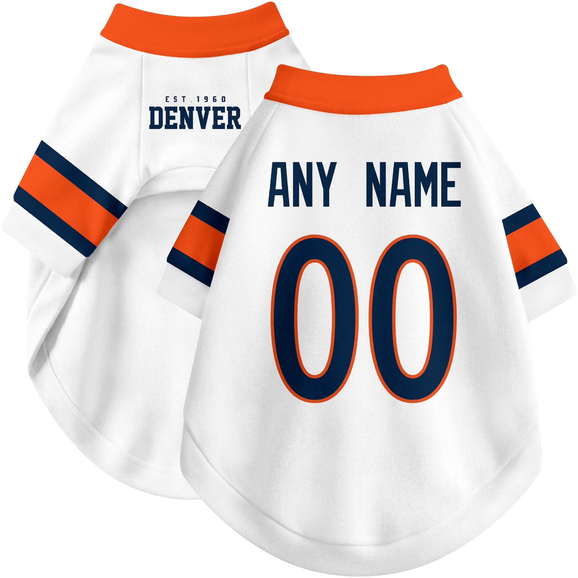 Custom football-style dog jersey in white personalized with any name and number