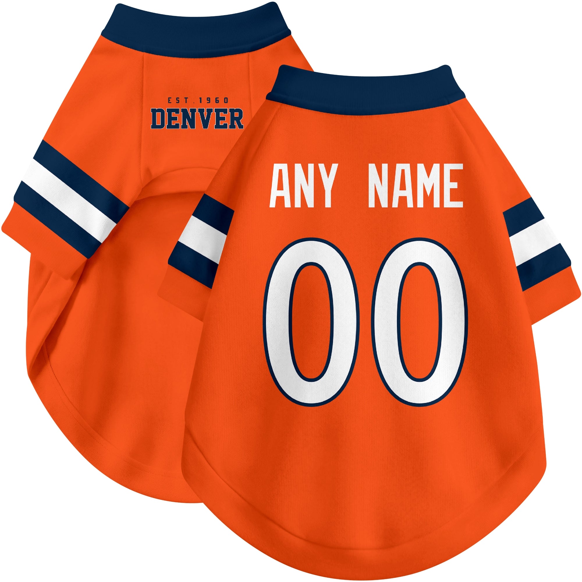 Custom football-style dog jersey in orange personalized with any name and number