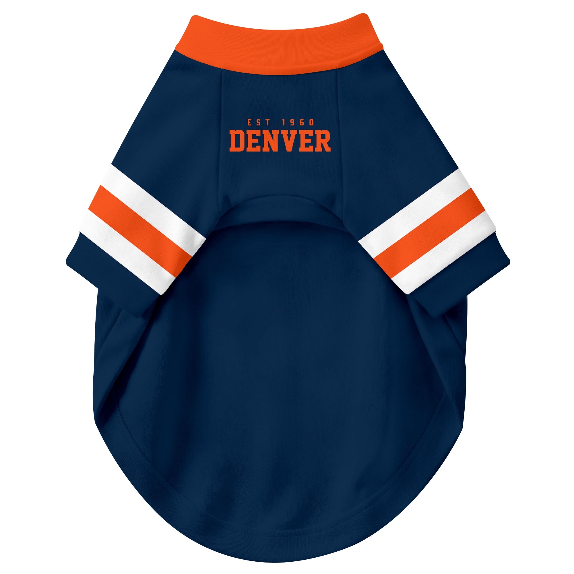 Front view of custom dog jersey in navy personalized with name and number