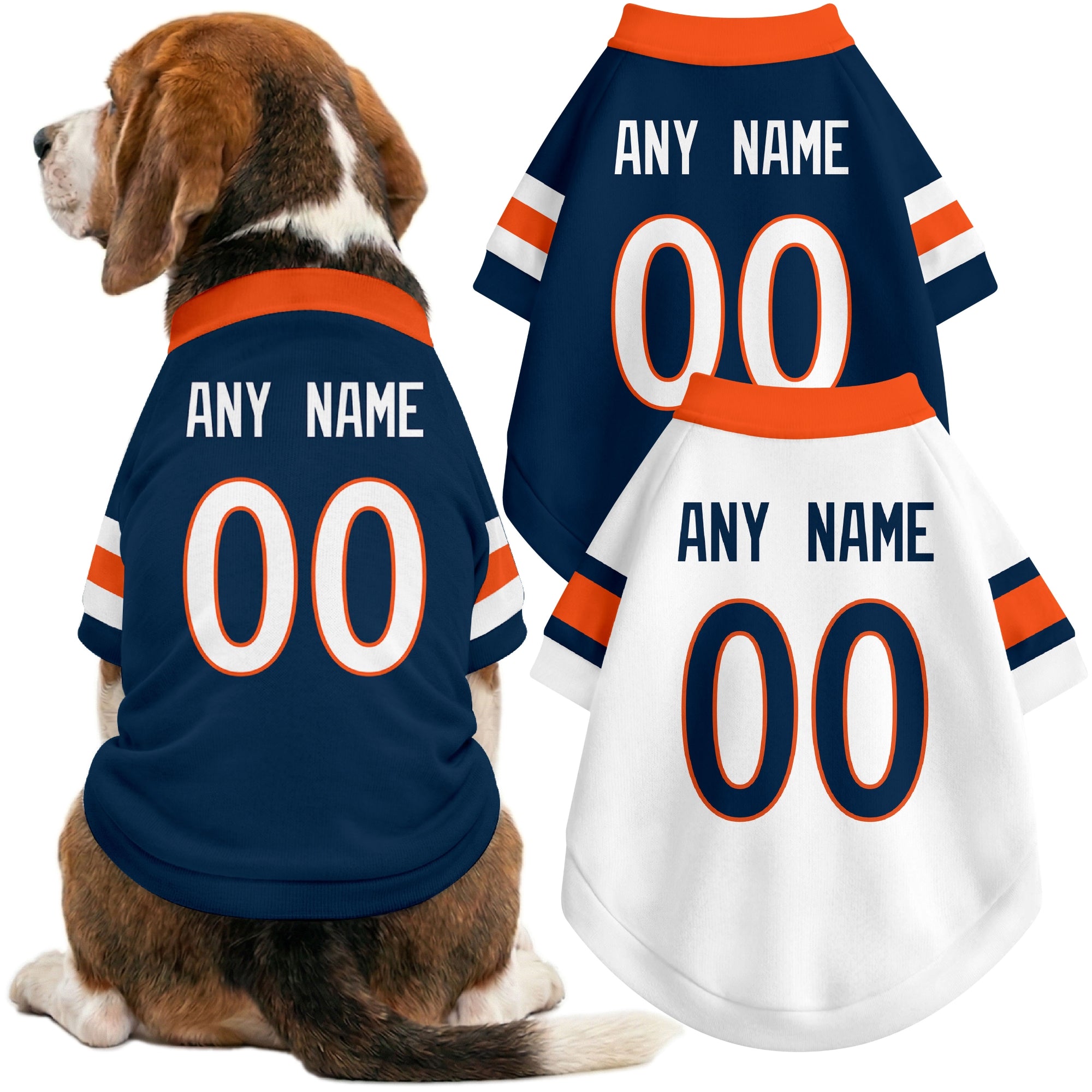 Dog wearing custom football-style dog jersey in navy white orange with personalized name and number