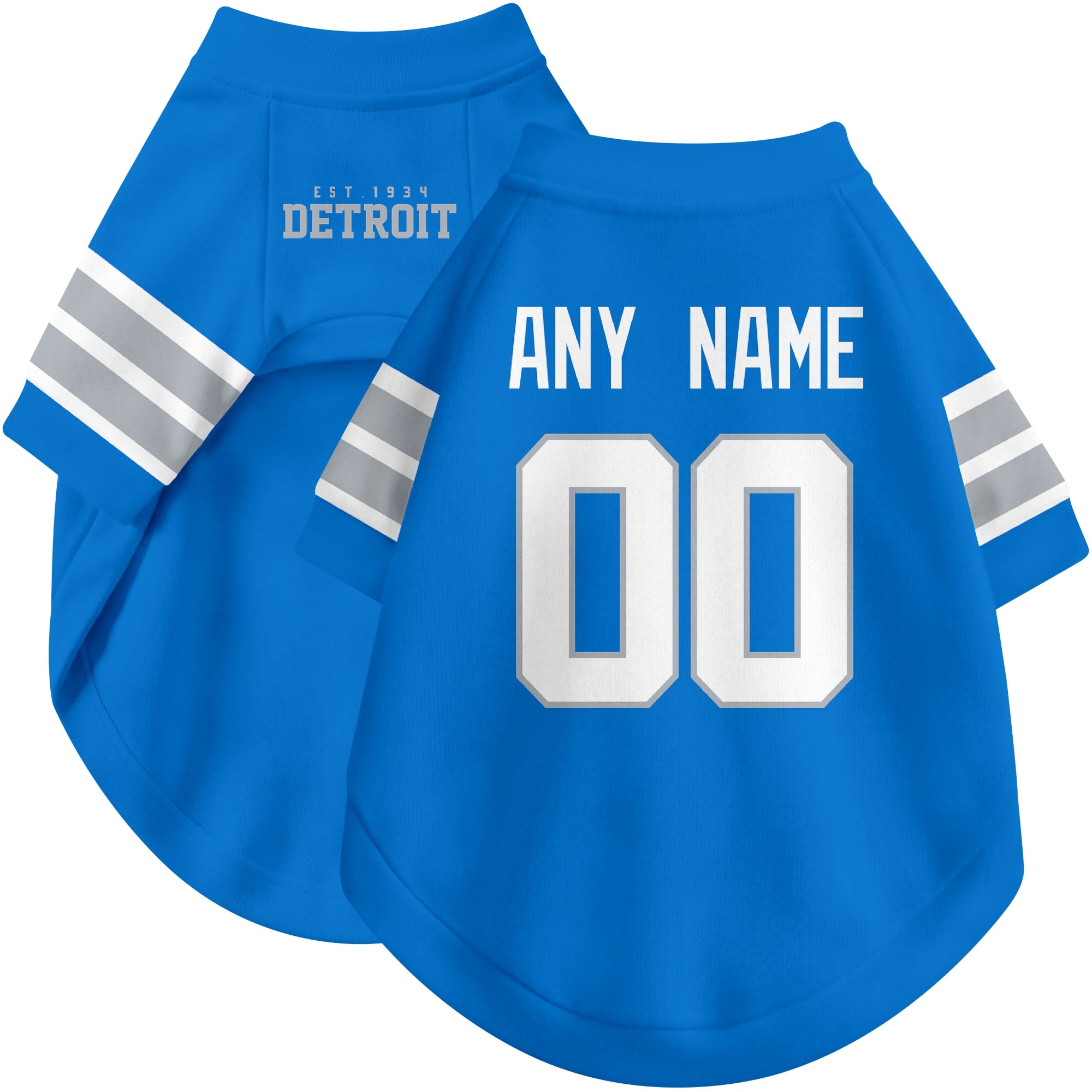 Custom football-style dog jersey in blue personalized with any name and number