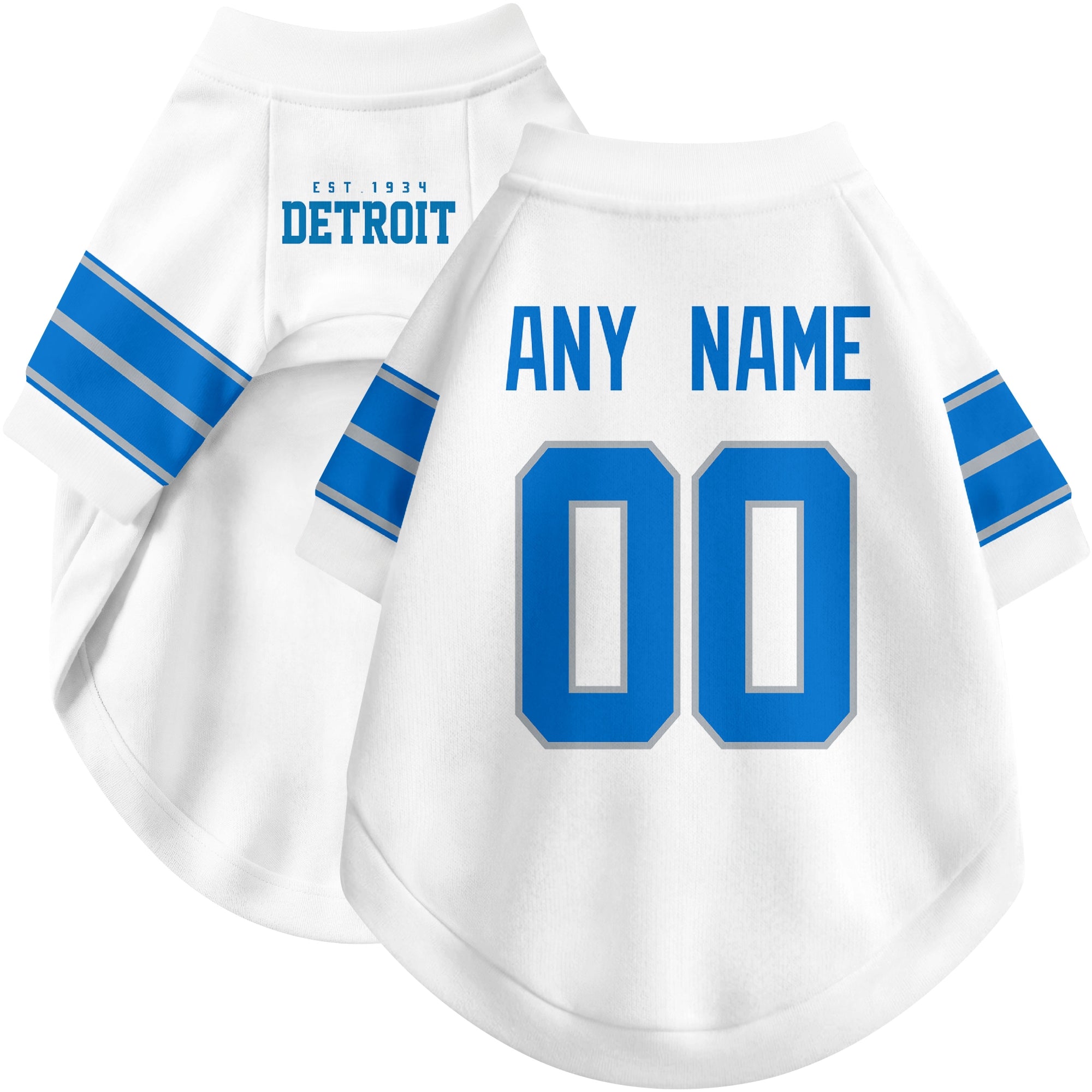 Custom football-style dog jersey in white personalized with any name and number