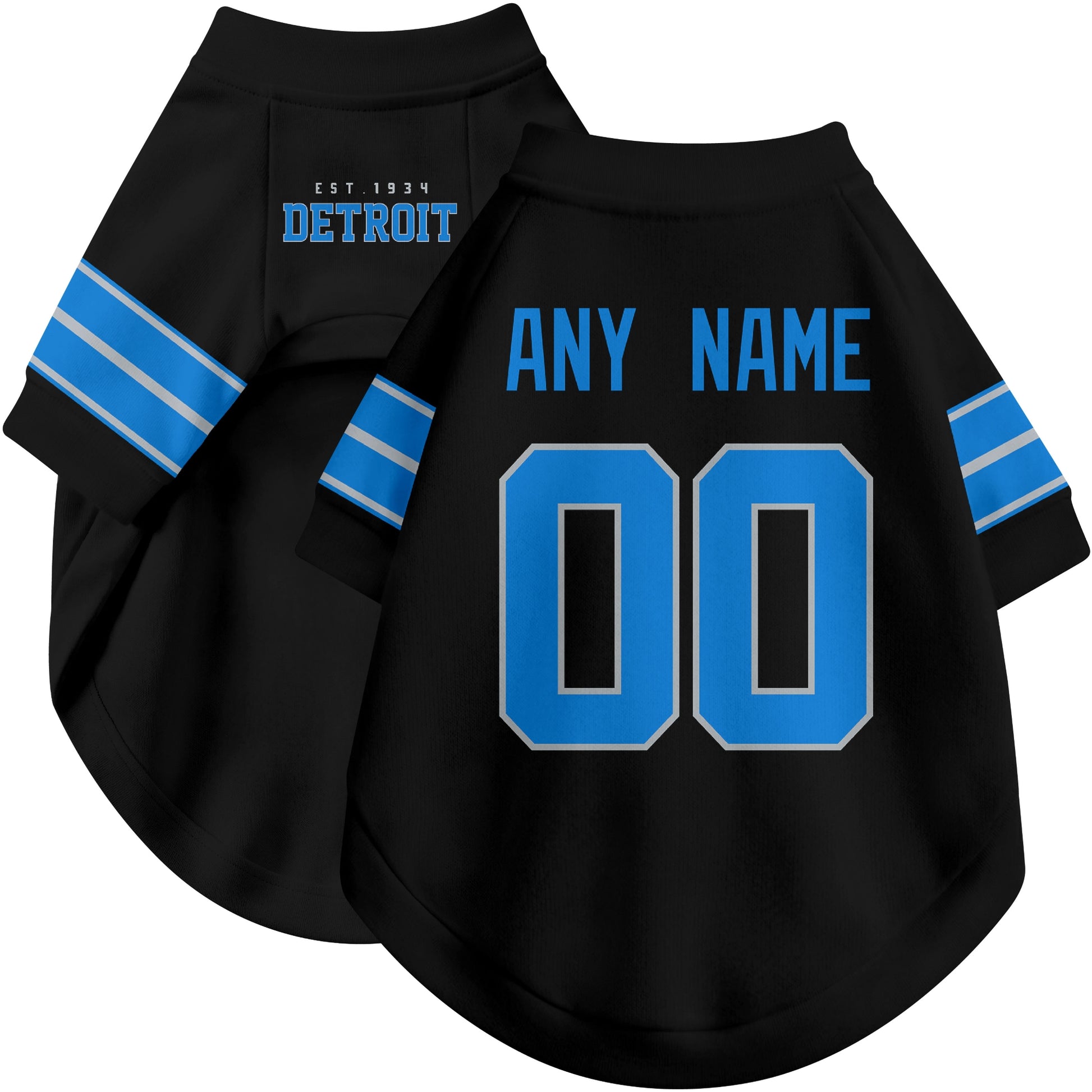 Custom football-style dog jersey in black personalized with any name and number