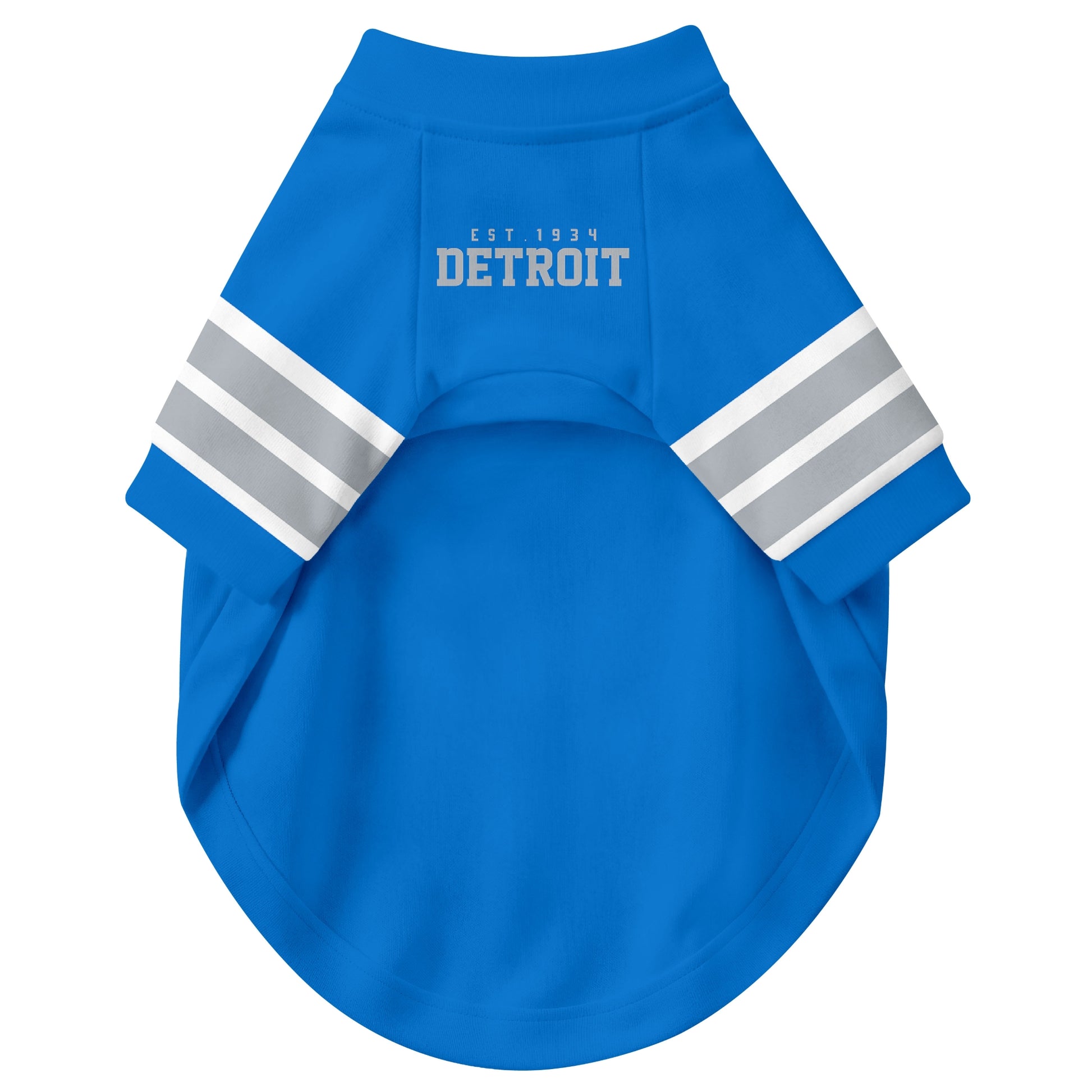Front view of custom dog jersey in blue personalized with name and number