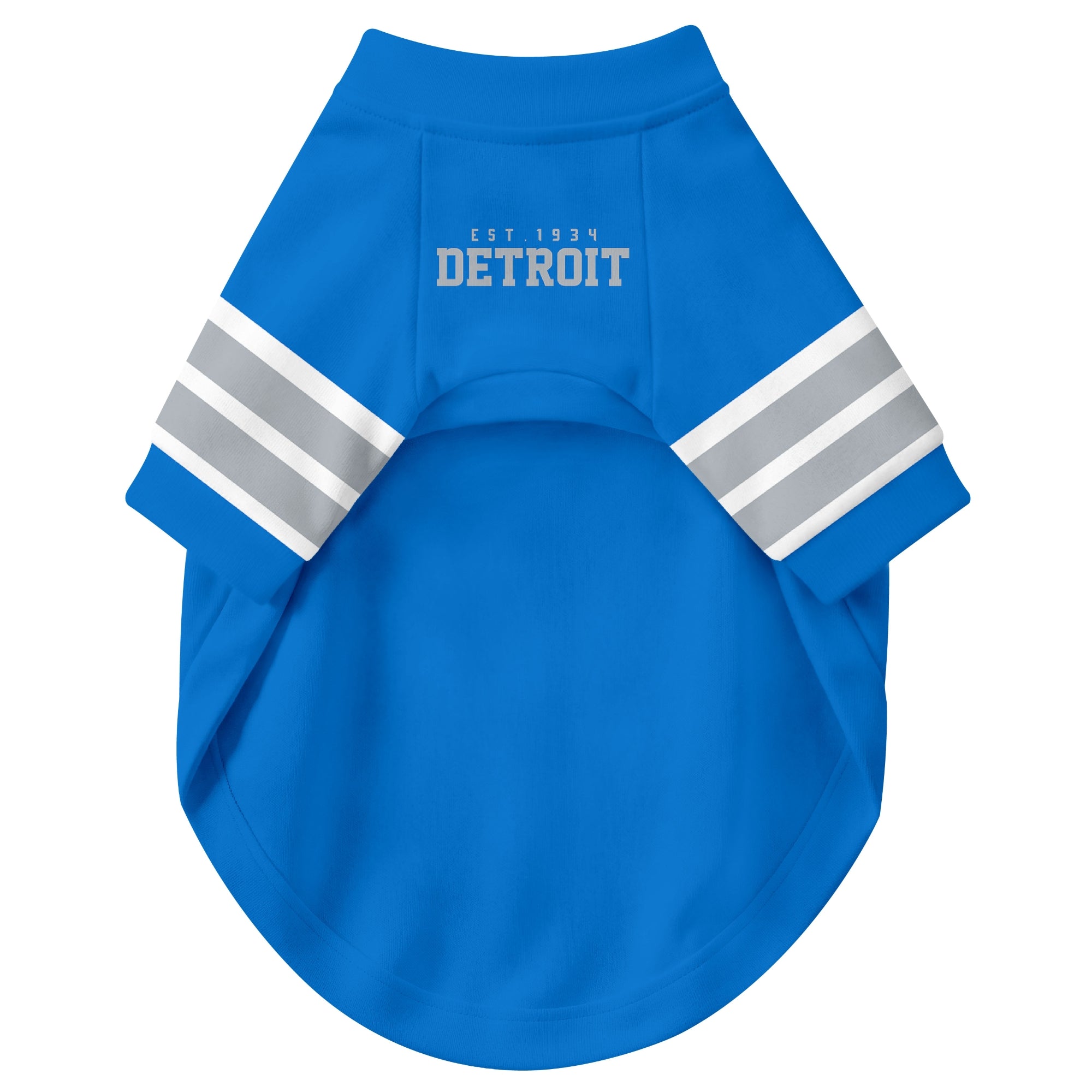Front view of custom dog jersey in blue personalized with name and number