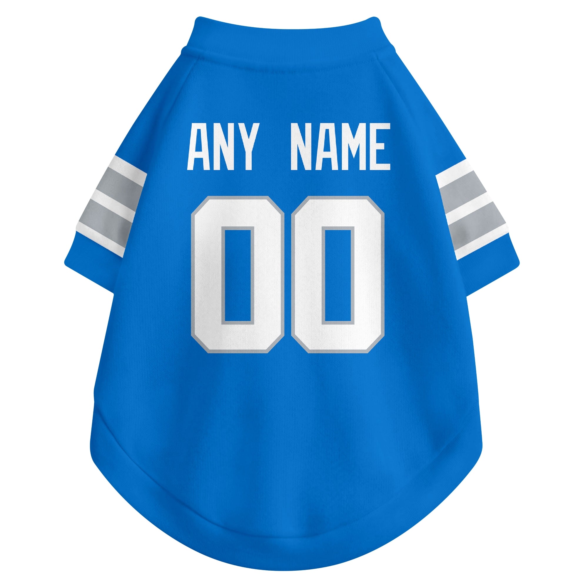 Back view of custom dog jersey in blue showing name and number customization