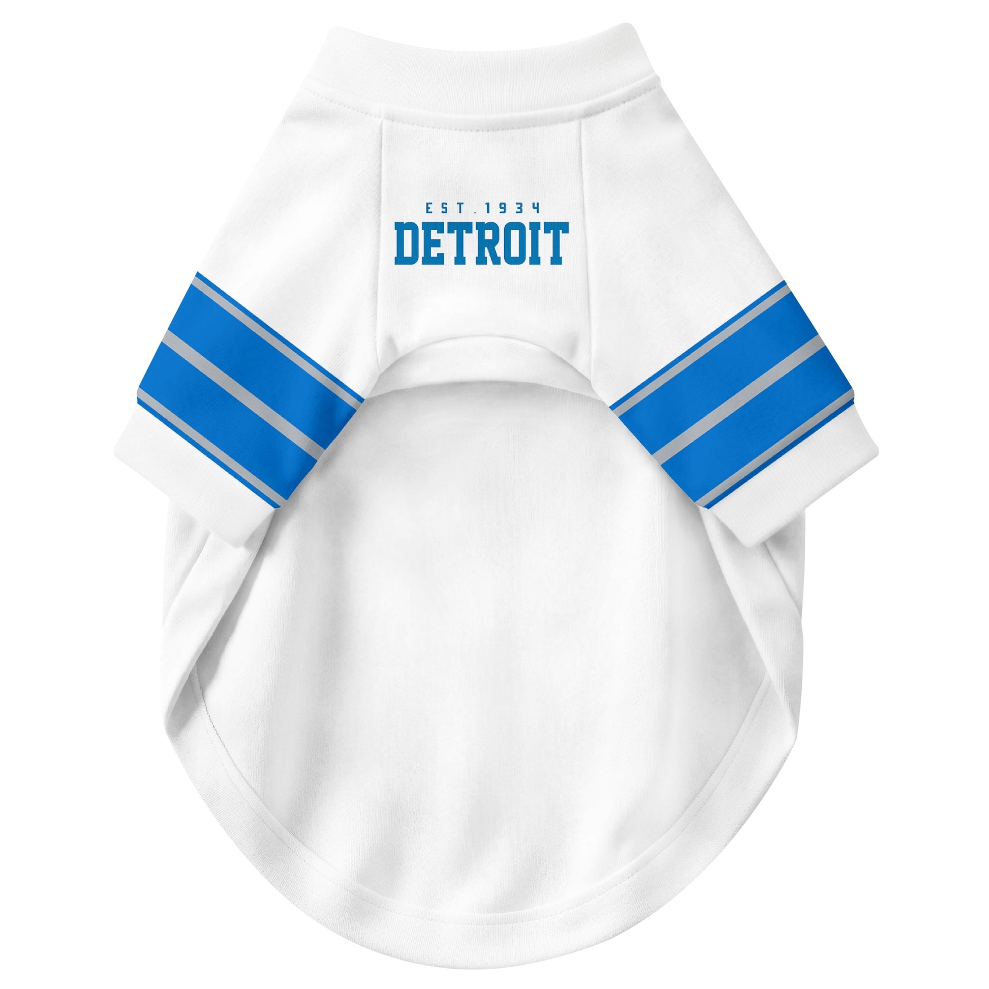 Front view of custom dog jersey in white personalized with name and number