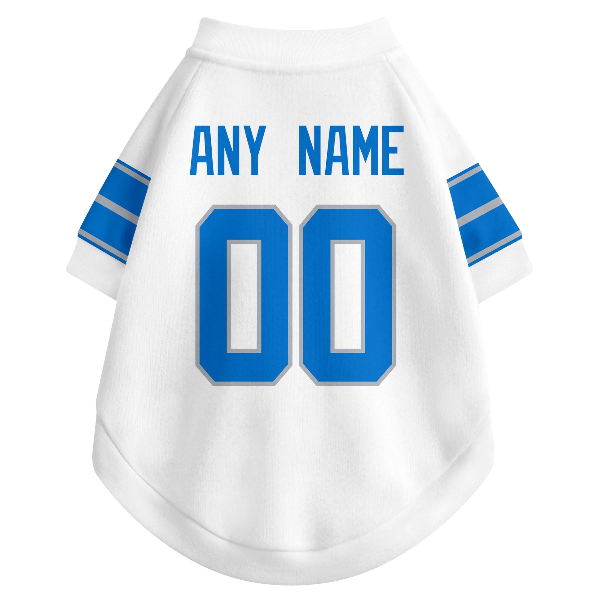 Back view of custom dog jersey in white showing name and number customization