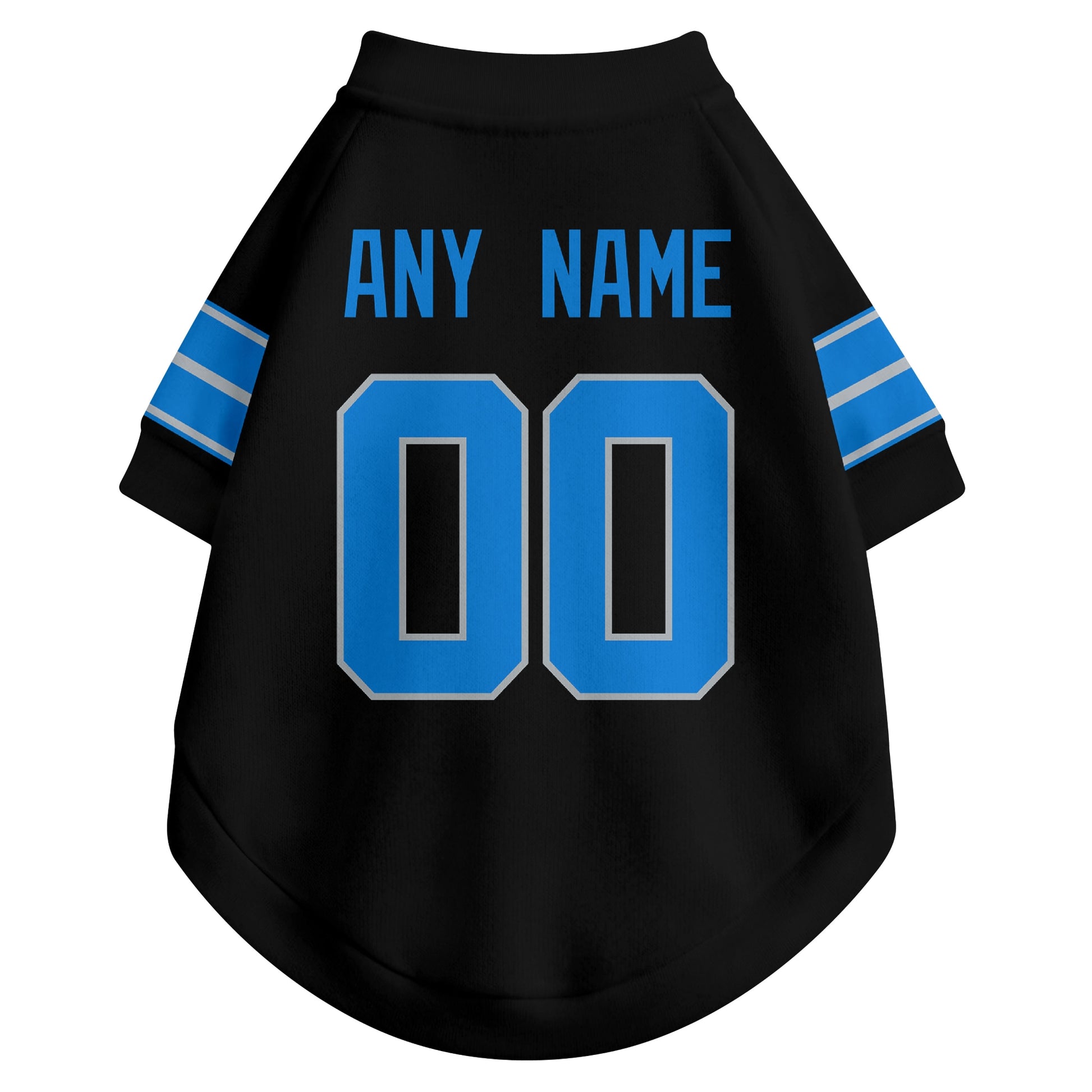 Back view of custom dog jersey in black showing name and number customization