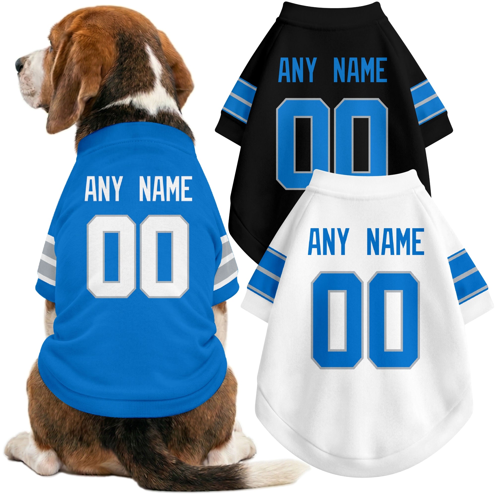 Dog wearing custom football-style dog jersey in blue white black with personalized name and number