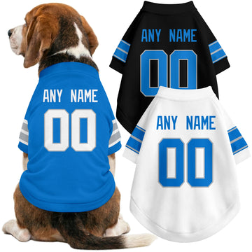 Dog wearing custom football-style dog jersey in blue white black with personalized name and number
