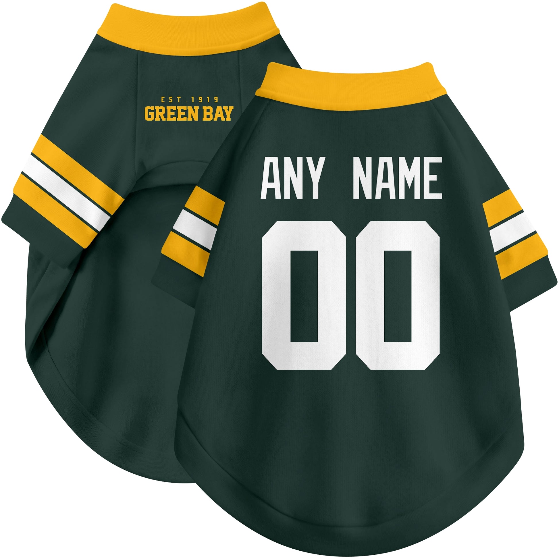 Custom football-style dog jersey in green personalized with any name and number